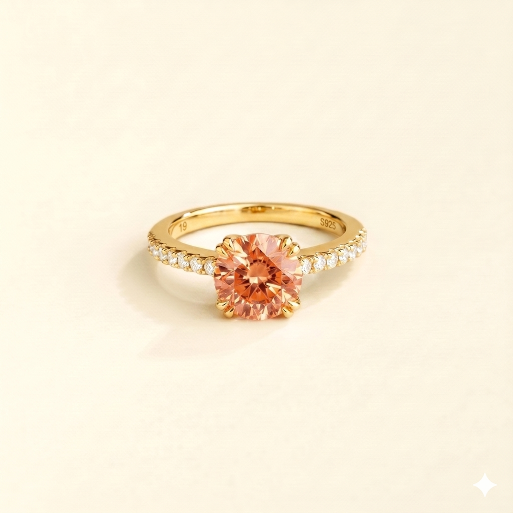 Round lab-grown padparadscha sapphire and diamond pavé Soli ring in gold | Juvetti London