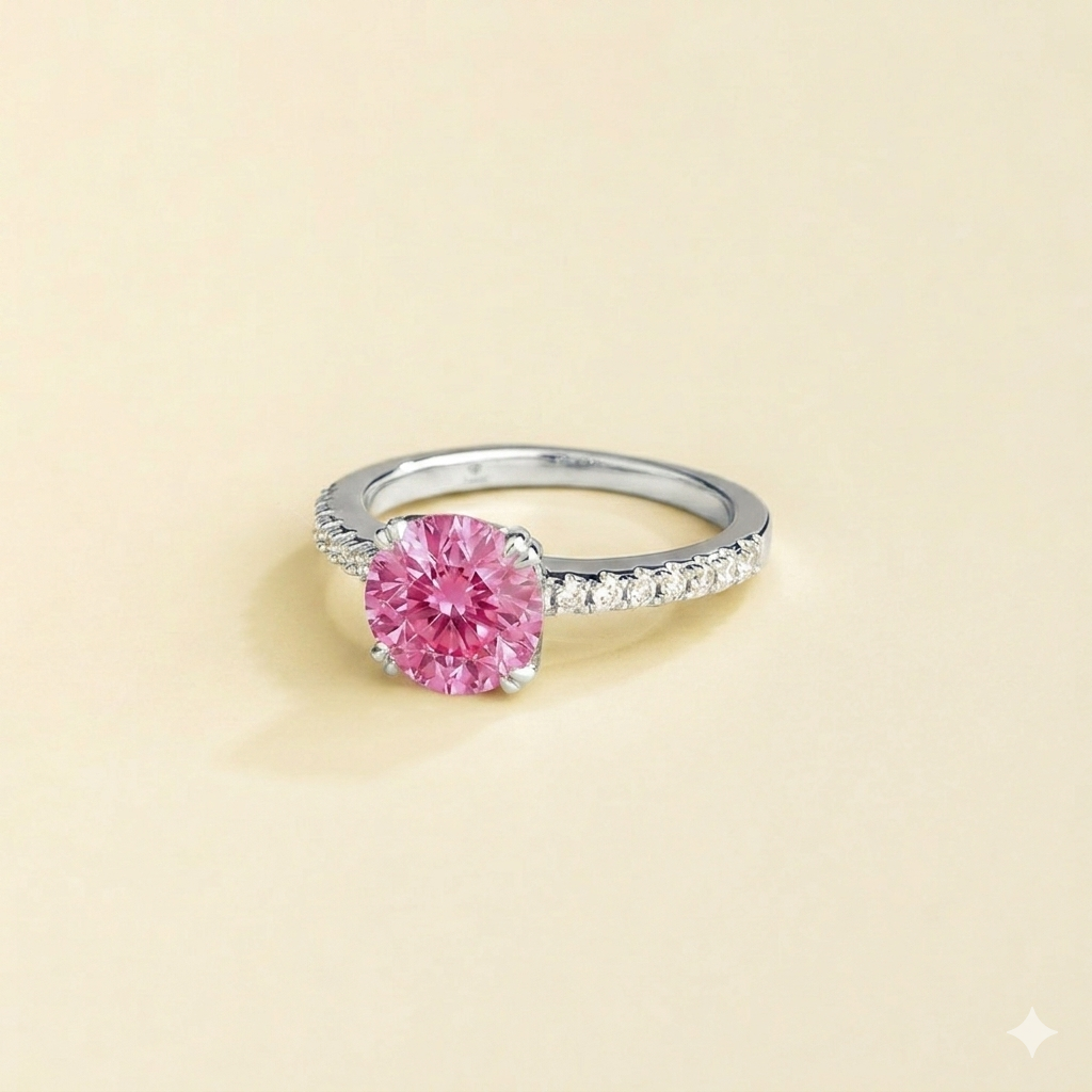 Soli Pink Sapphire Round & Diamond Pavé Ring in White Gold