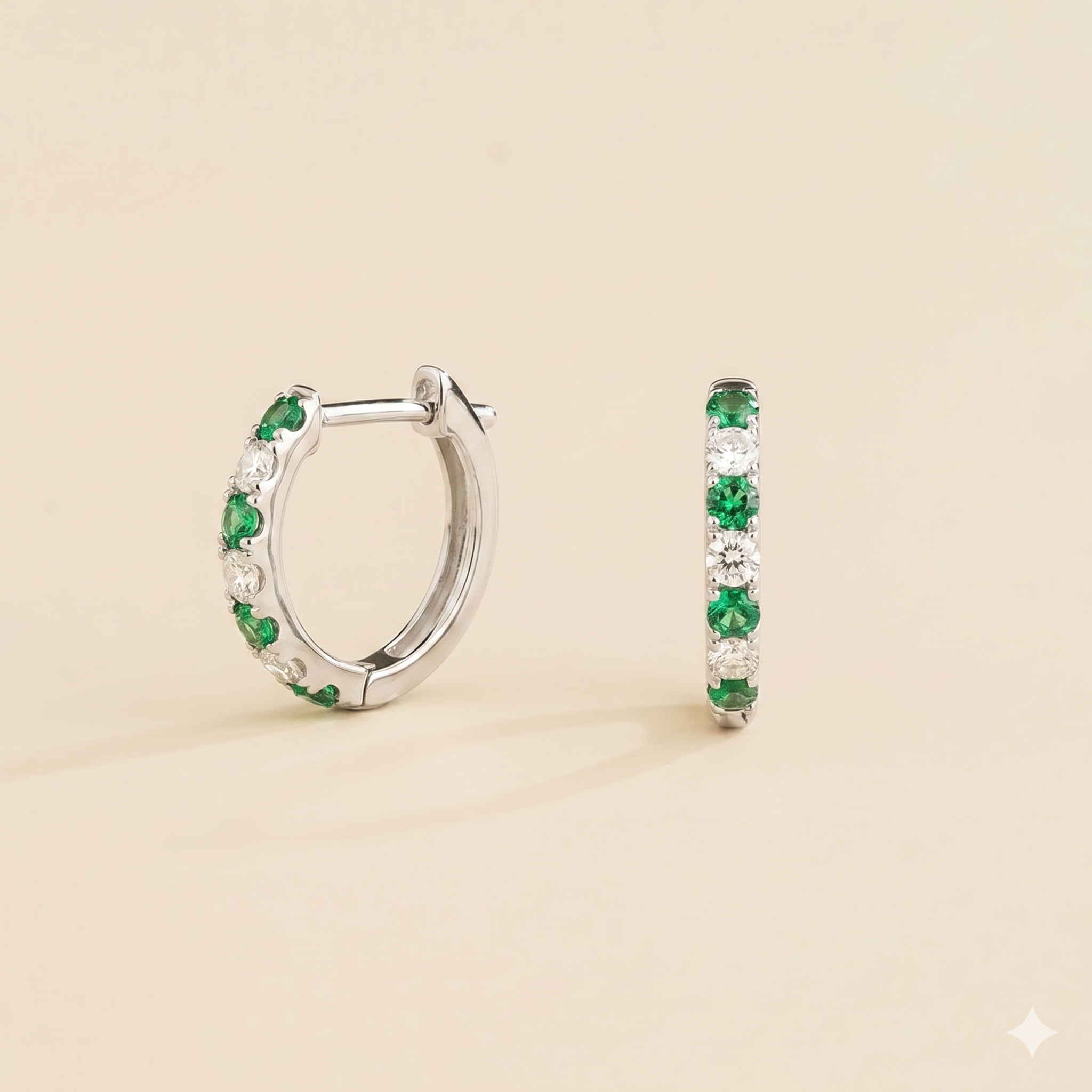 Stacy Emerald & Diamond Huggie Hoop Earrings in White Gold