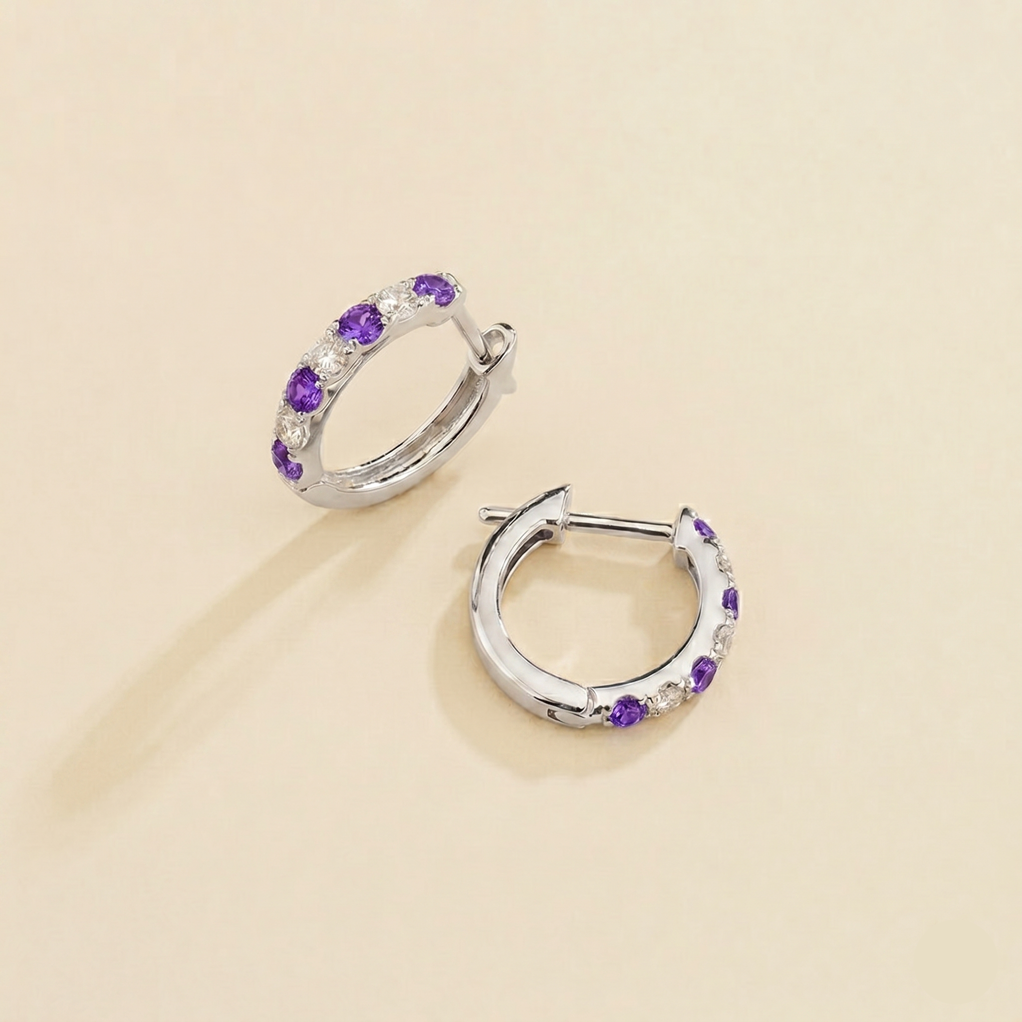 Stacy Purple Sapphire & Diamond Huggie Hoop Earrings in White Gold
