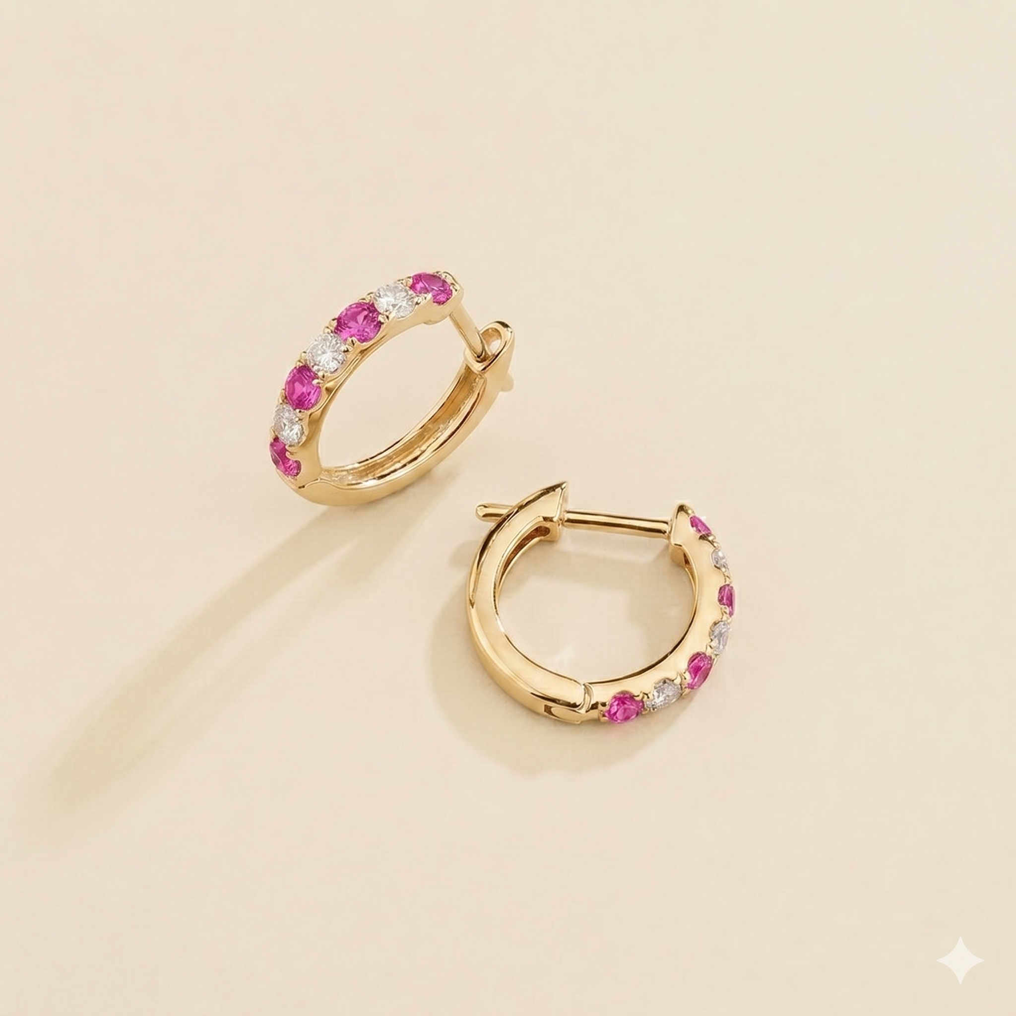 Stacy Vivid Pink Sapphire & Diamond Huggie Hoop Earrings in Gold
