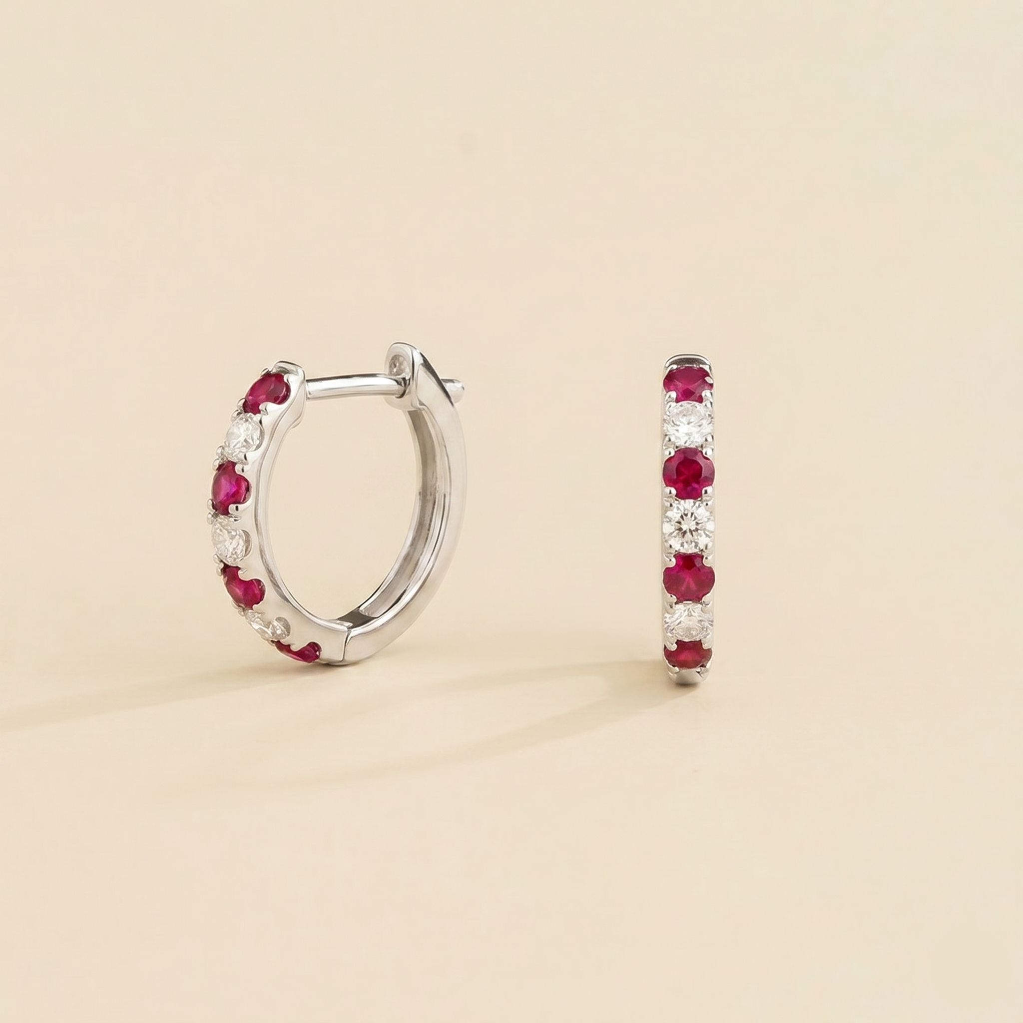 Stacy Vivid Pink Sapphire & Diamond Huggie Hoop Earrings in White Gold