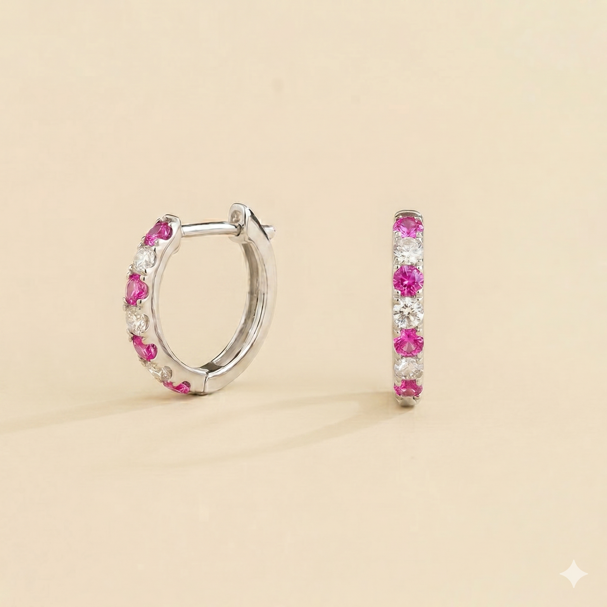 Stacy Vivid Pink Sapphire & Diamond Huggie Hoop Earrings in White Gold