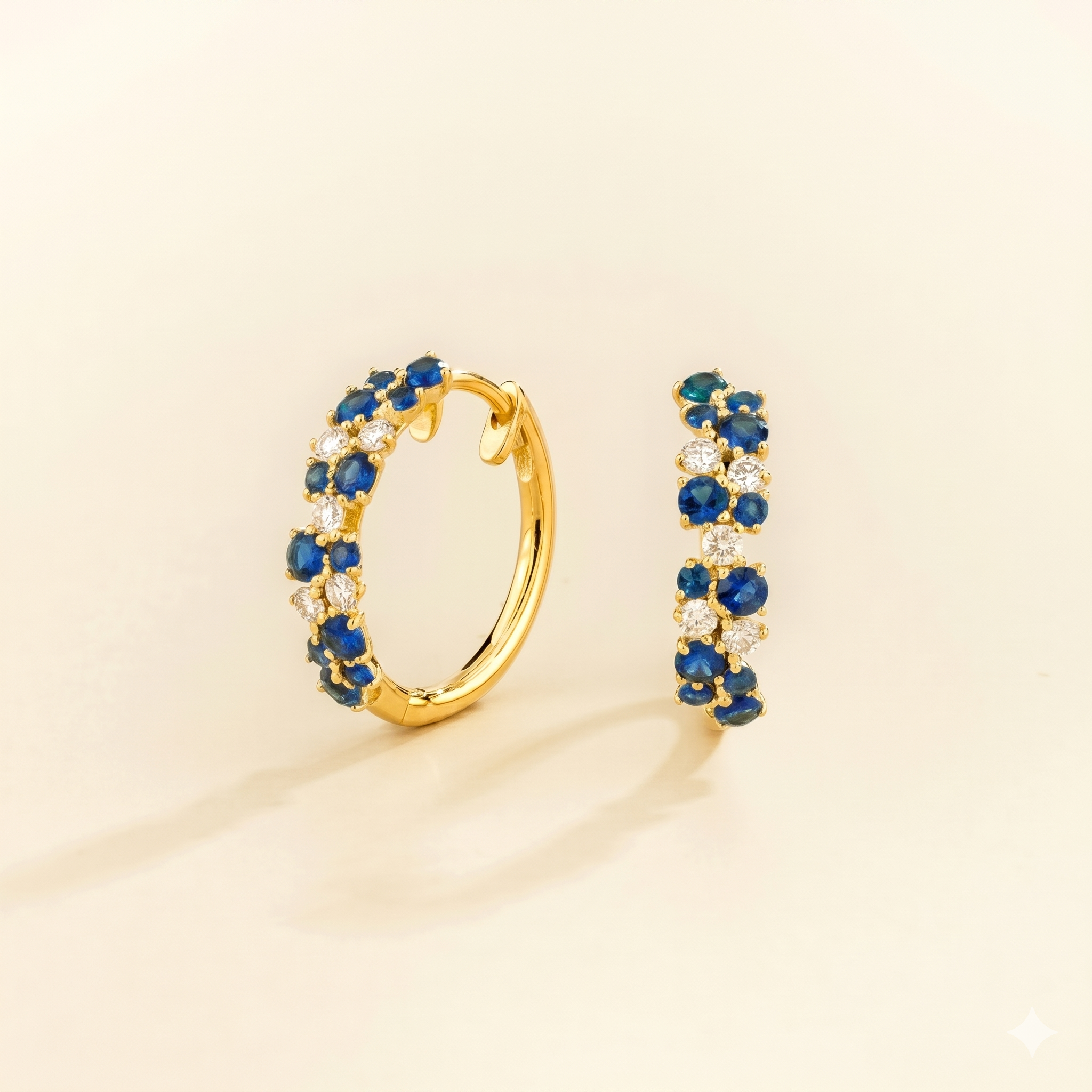 Starry Blue Sapphire & Diamond Cluster Huggie Hoop Earrings in Gold