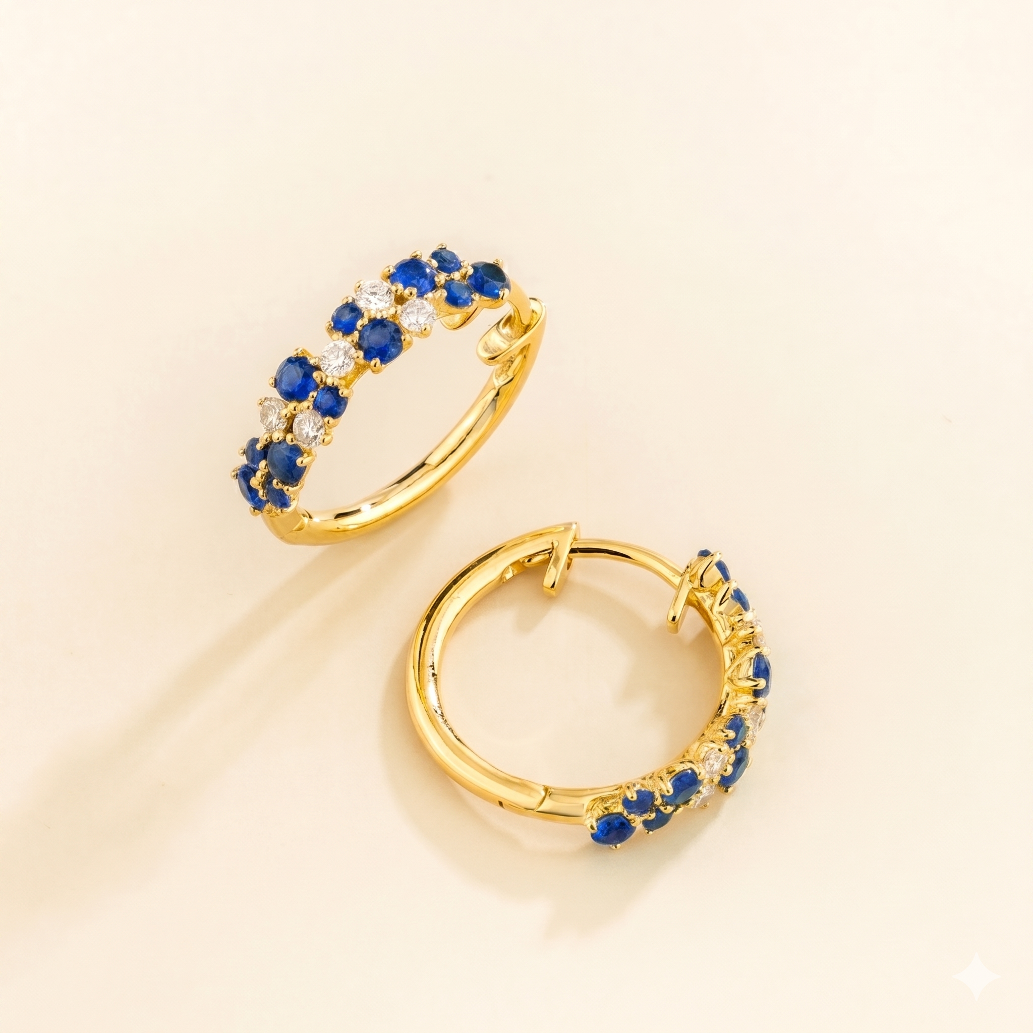 Starry Blue Sapphire & Diamond Cluster Huggie Hoop Earrings in Gold