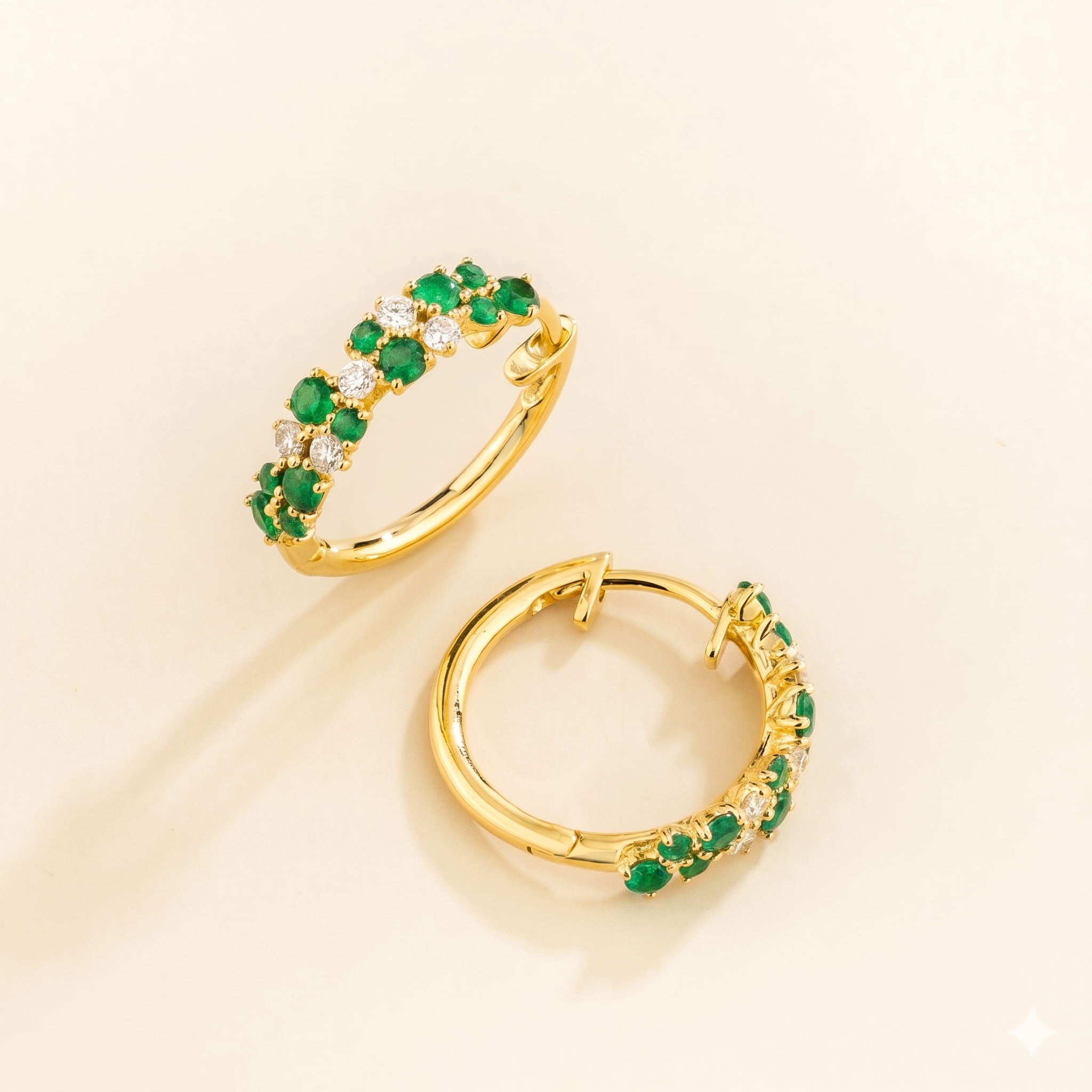 Starry Emerald & Diamond Cluster Huggie Hoop Earrings in Gold