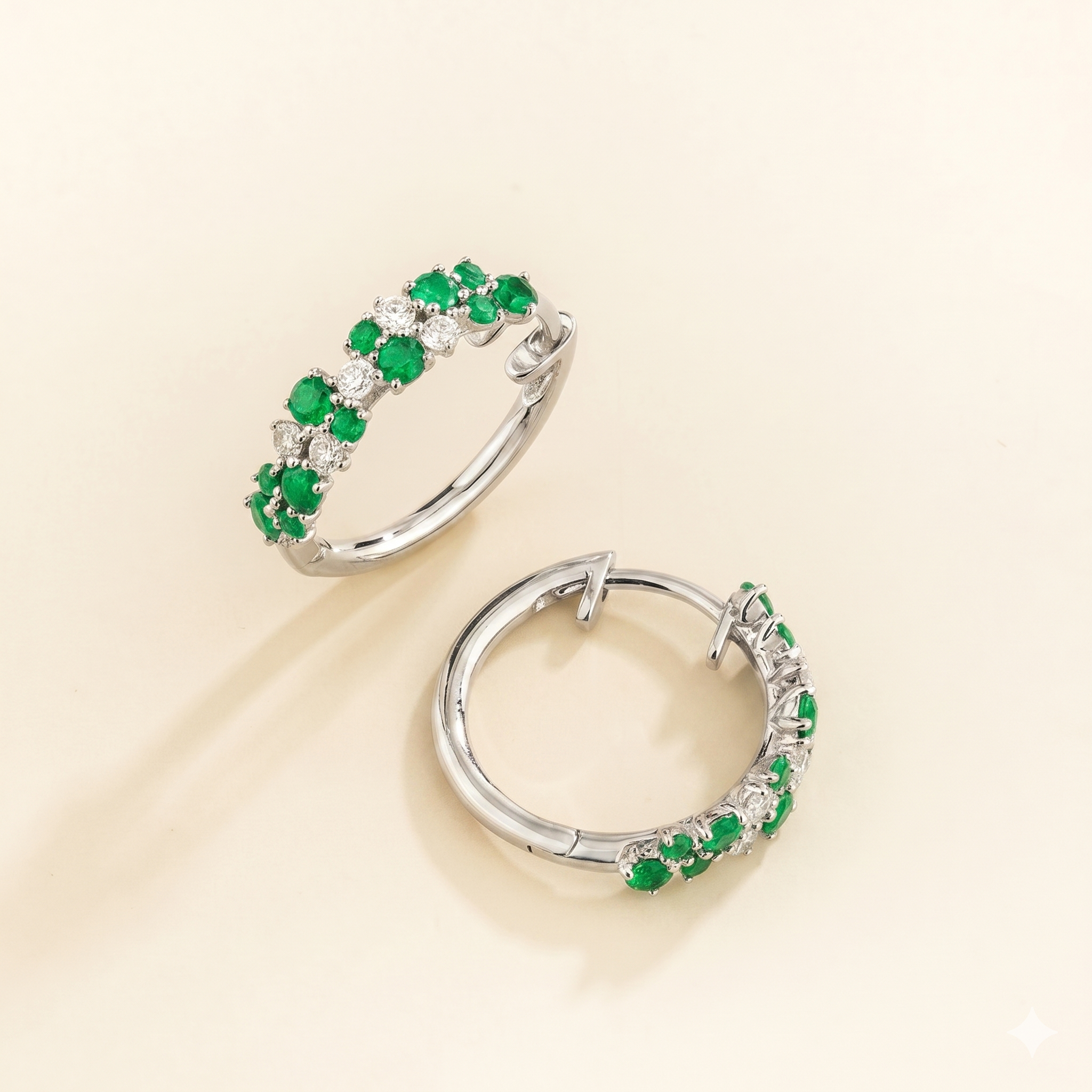 Starry Emerald & Diamond Cluster Huggie Hoop Earrings in White Gold