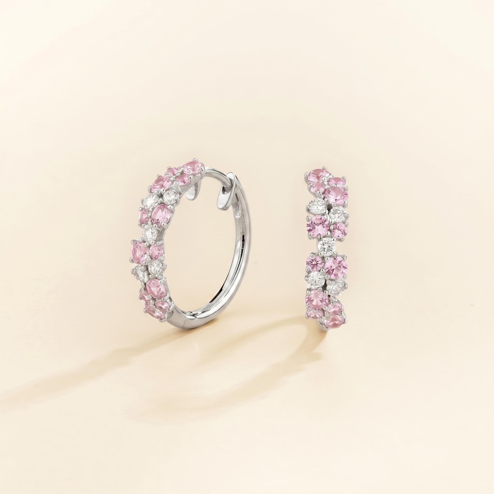 Starry Pastel Pink Sapphire & Diamond Cluster Huggie Hoop Earrings in White Gold