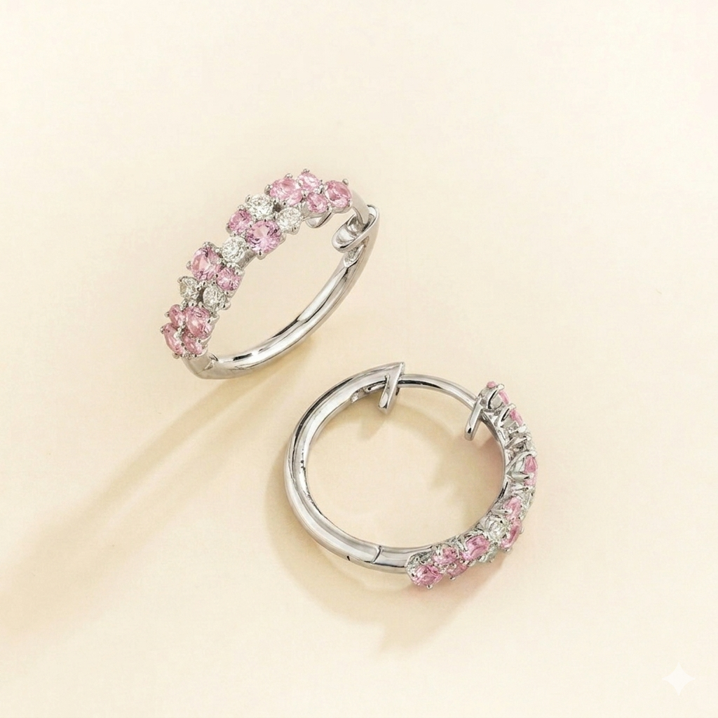 Starry Pastel Pink Sapphire & Diamond Cluster Huggie Hoop Earrings in White Gold