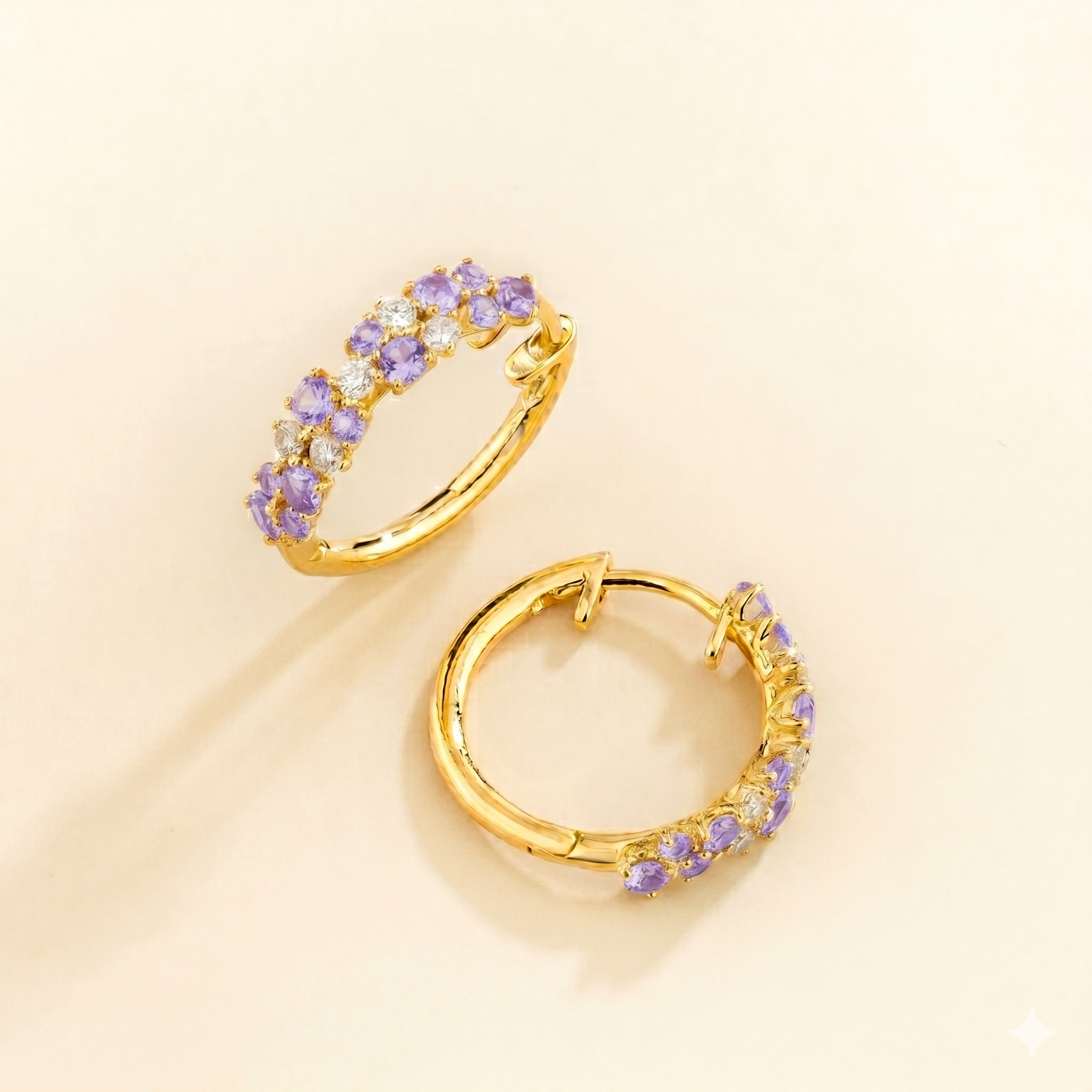 Starry Purple Sapphire & Diamond Cluster Huggie Hoop Earrings in Gold