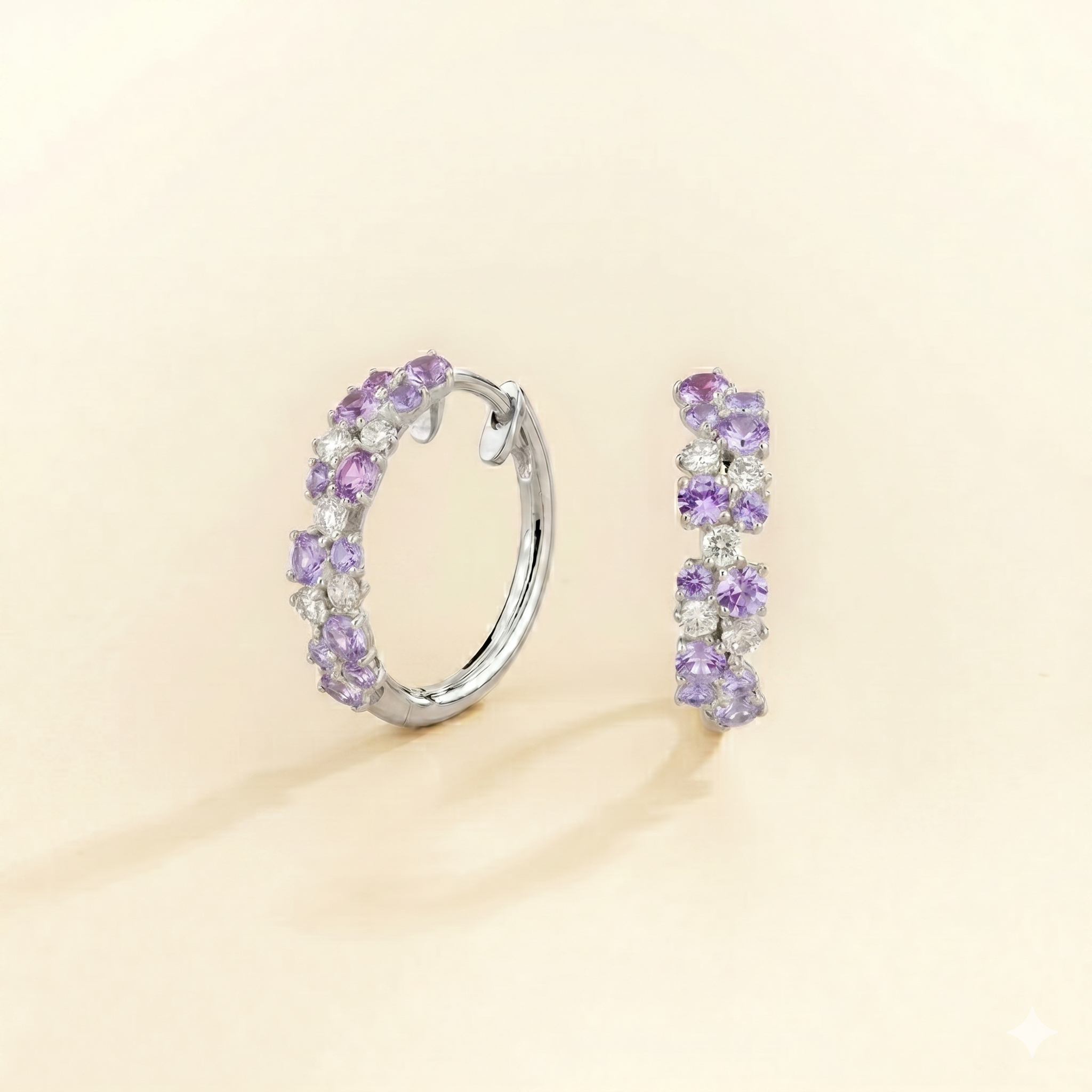 Starry Purple Sapphire & Diamond Cluster Huggie Hoop Earrings in White Gold