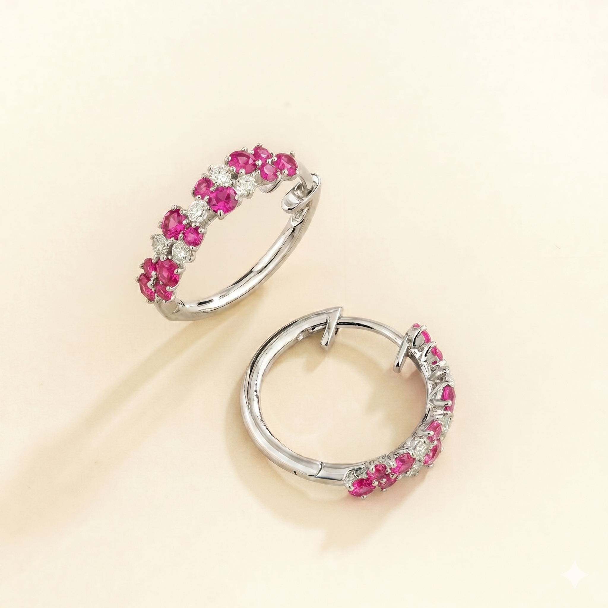 Starry Vivid Hot Pink Sapphire & Diamond Cluster Huggie Hoop Earrings in White Gold