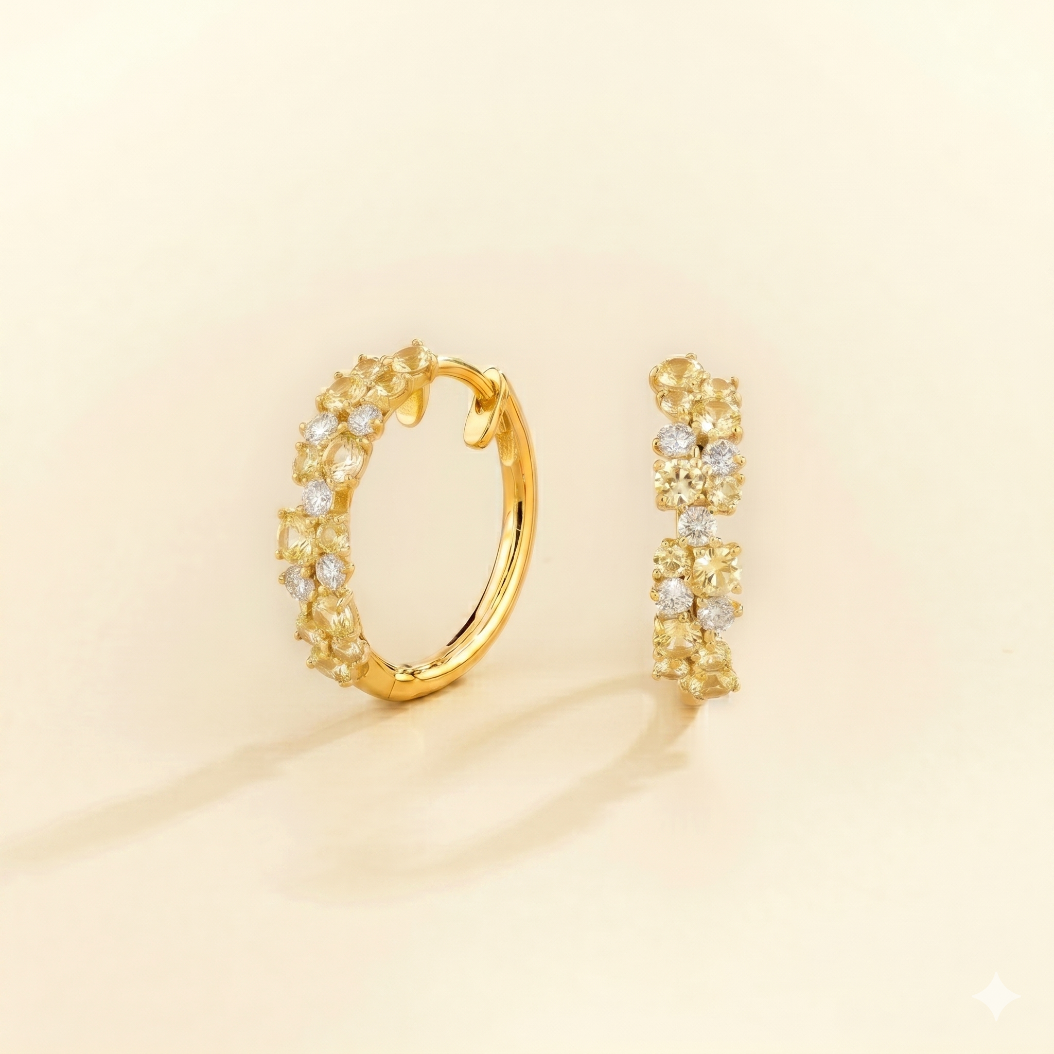 Starry Yellow Sapphire & Diamond Cluster Huggie Hoop Earrings in Gold