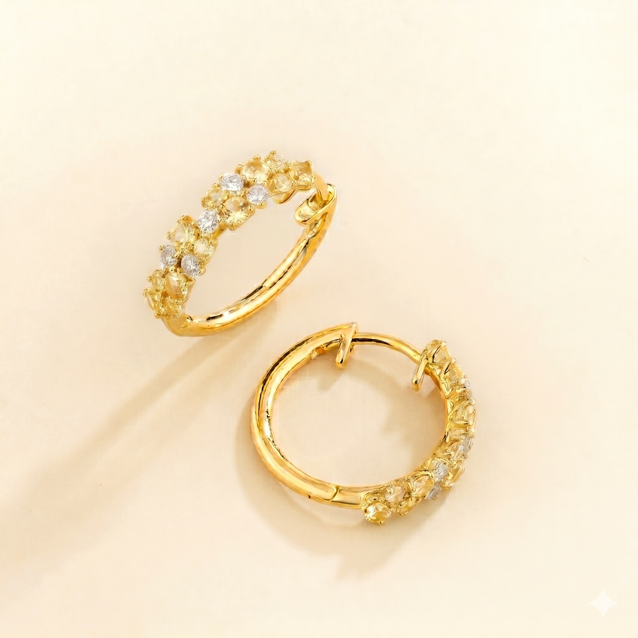 Starry Yellow Sapphire & Diamond Cluster Huggie Hoop Earrings in Gold