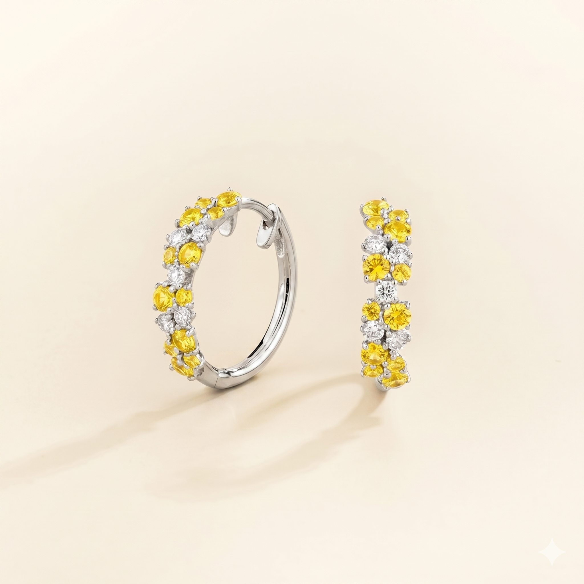 Starry Yellow Sapphire & Diamond Cluster Huggie Hoop Earrings in White Gold