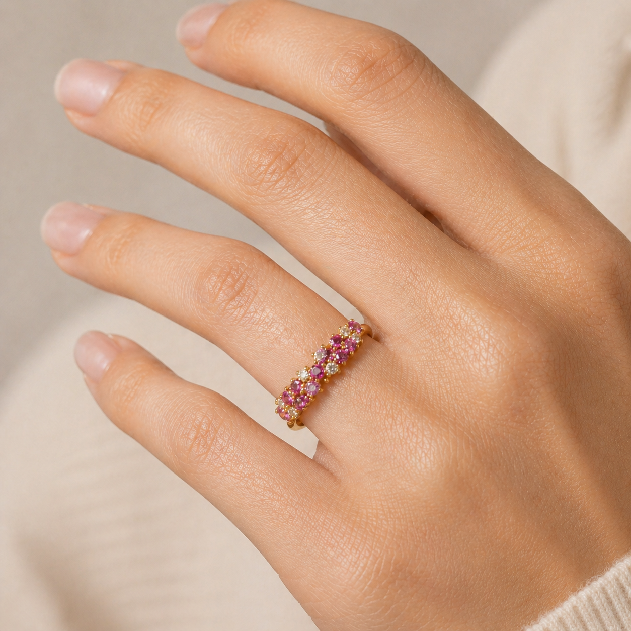 Starry Pink Sapphire & Diamond Cluster Ring in White Gold