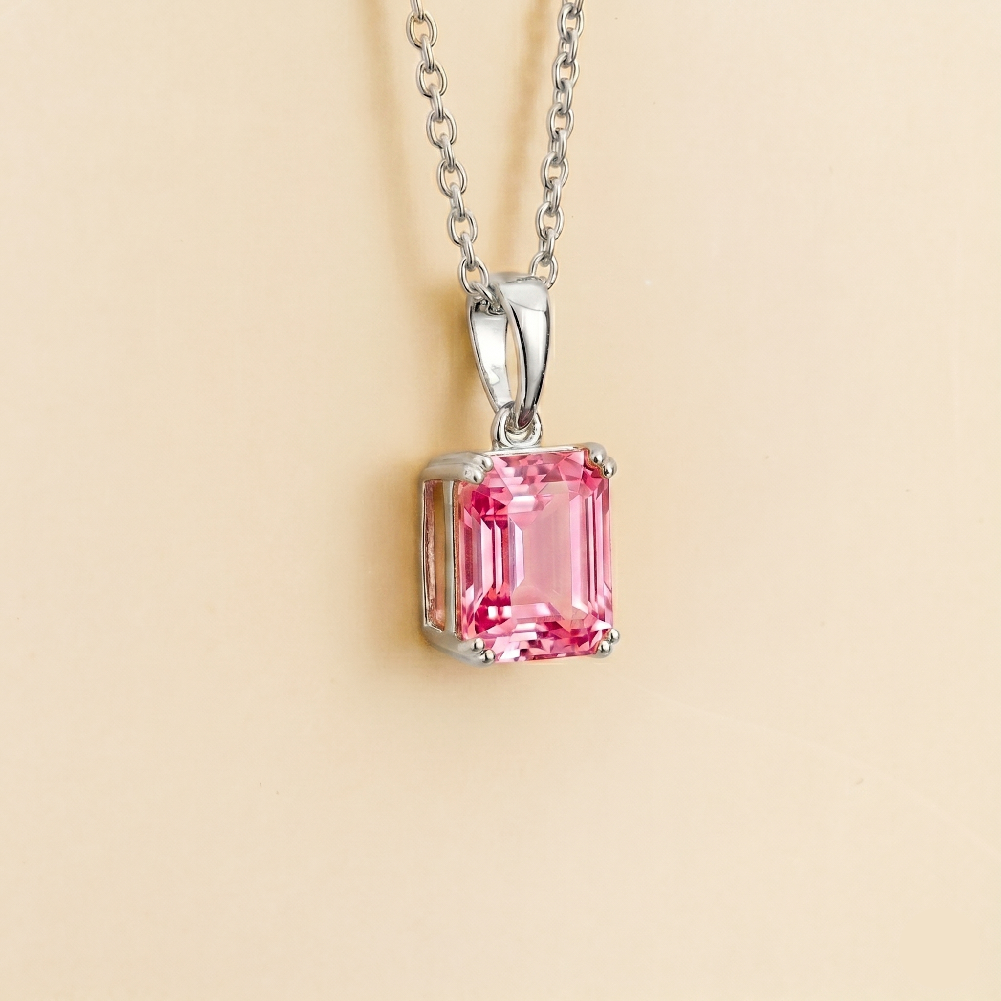 Thamani Pink Sapphire Emerald-Cut Solitaire Pendant Necklace in White Gold