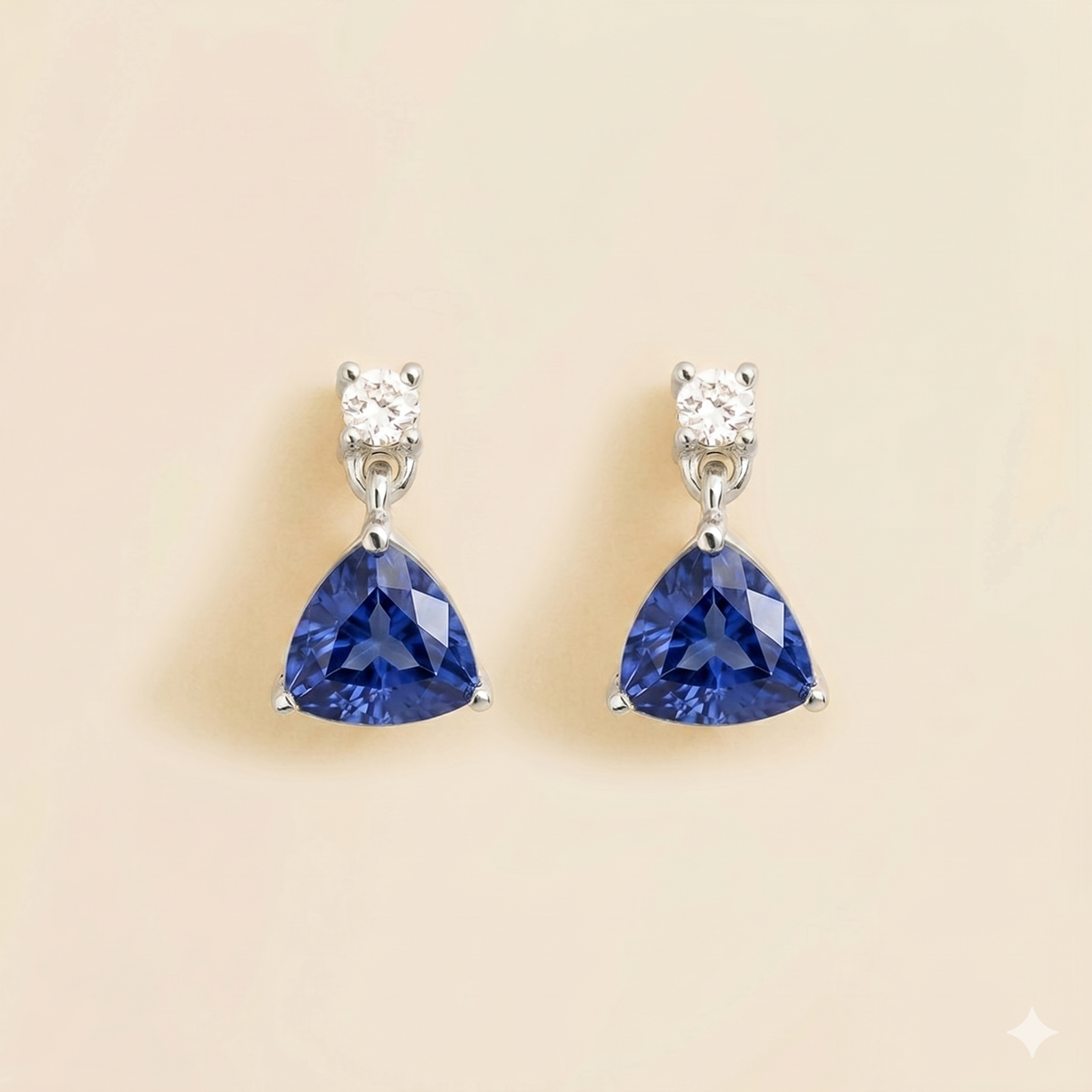 Trillion Blue Sapphire & Diamond Drop Earrings in White Gold