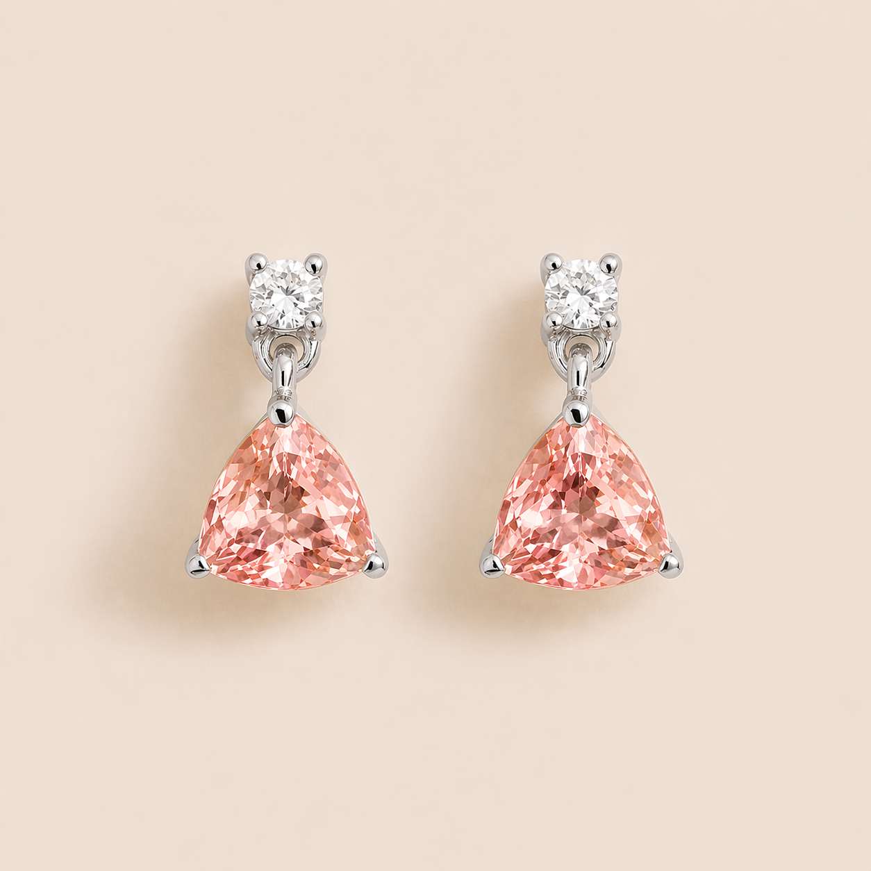 Trillion Padparadscha Sapphire & Diamond Drop Earrings in White Gold