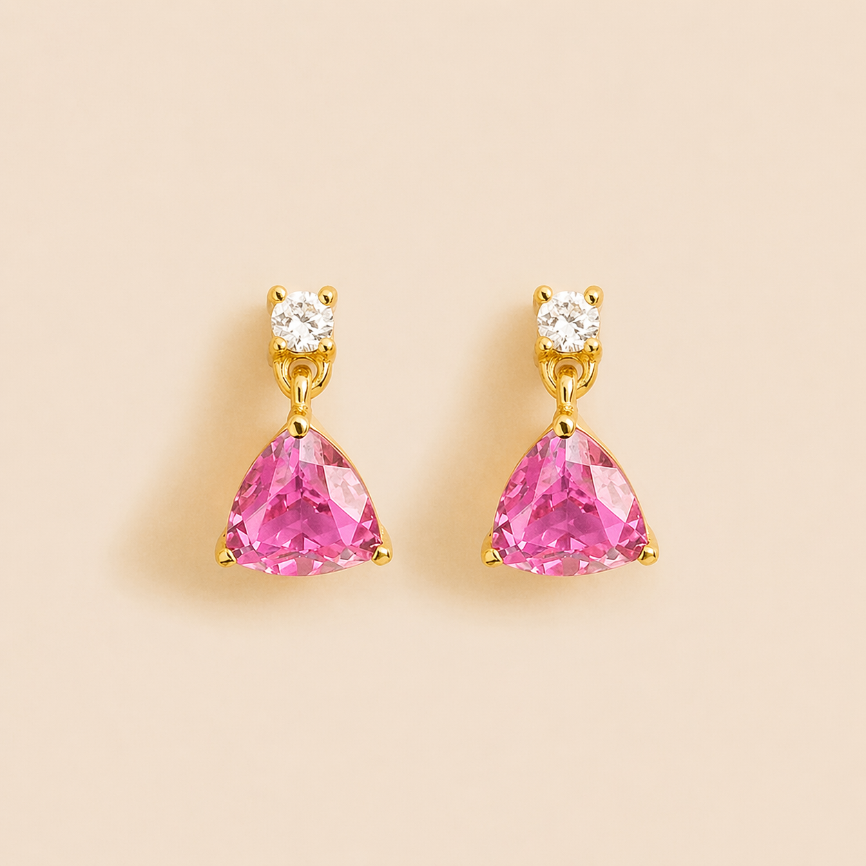 Trillion Pink Sapphire & Diamond Drop Earrings in Gold