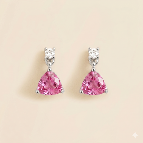 Trillion Pink Sapphire and Diamond Drop Earrings in White Gold Trillion Pink Sapphire and Diamond Drop Earrings in White Gold