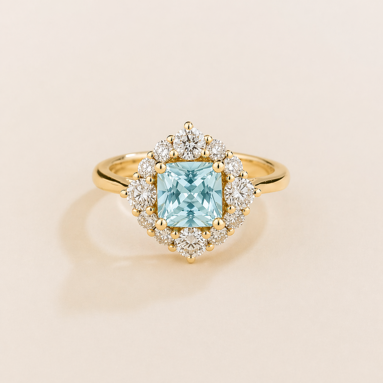 Tuli Aquamarine Cushion Cut & Diamond Halo Ring in Gold