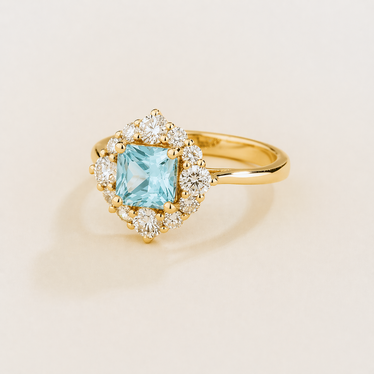 Tuli Aquamarine Cushion Cut & Diamond Halo Ring in Gold