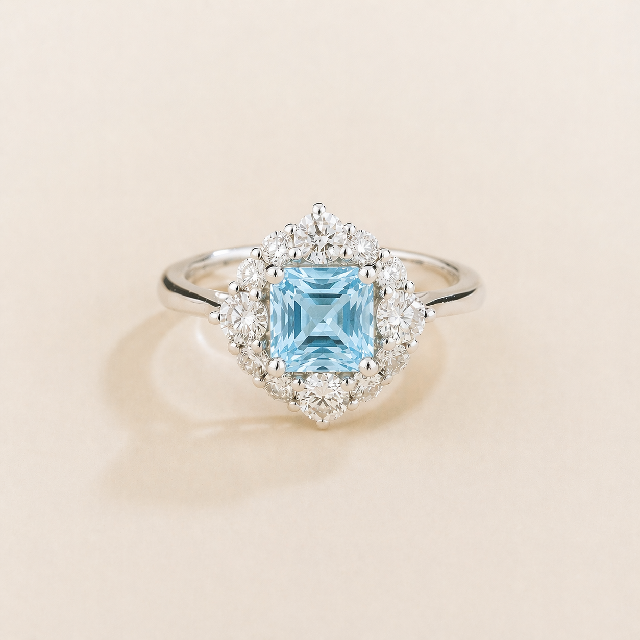 Tuli Aquamarine Cushion Cut & Diamond Halo Ring in White Gold