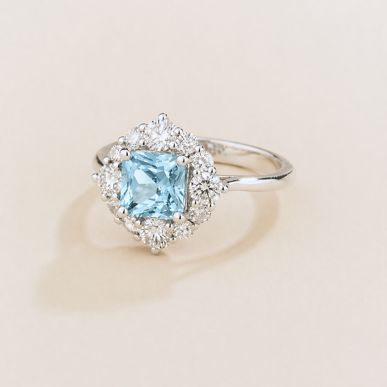 Tuli Aquamarine Cushion Cut & Diamond Halo Ring in White Gold