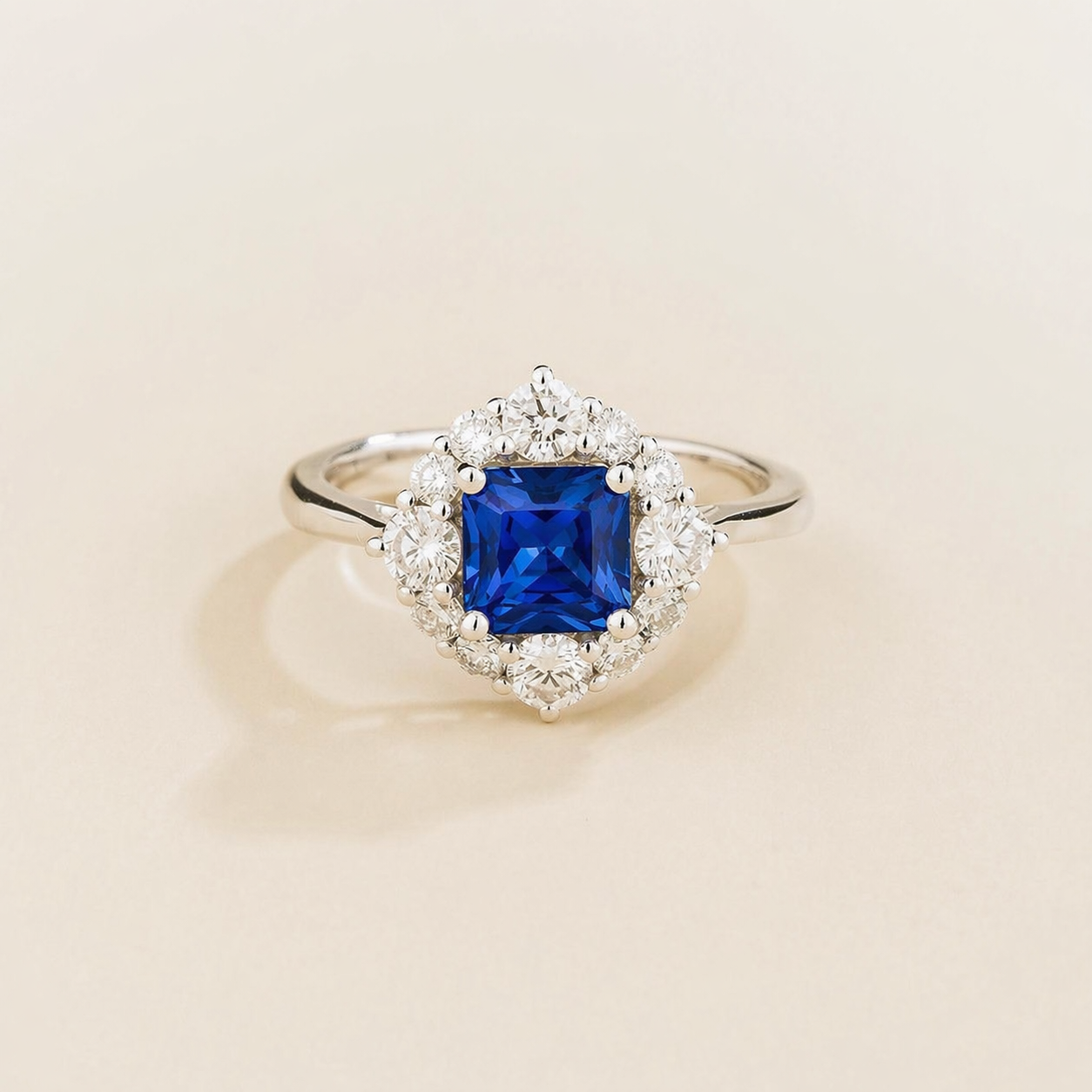 Tuli Blue Sapphire Cushion Cut & Diamond Halo Ring in White Gold