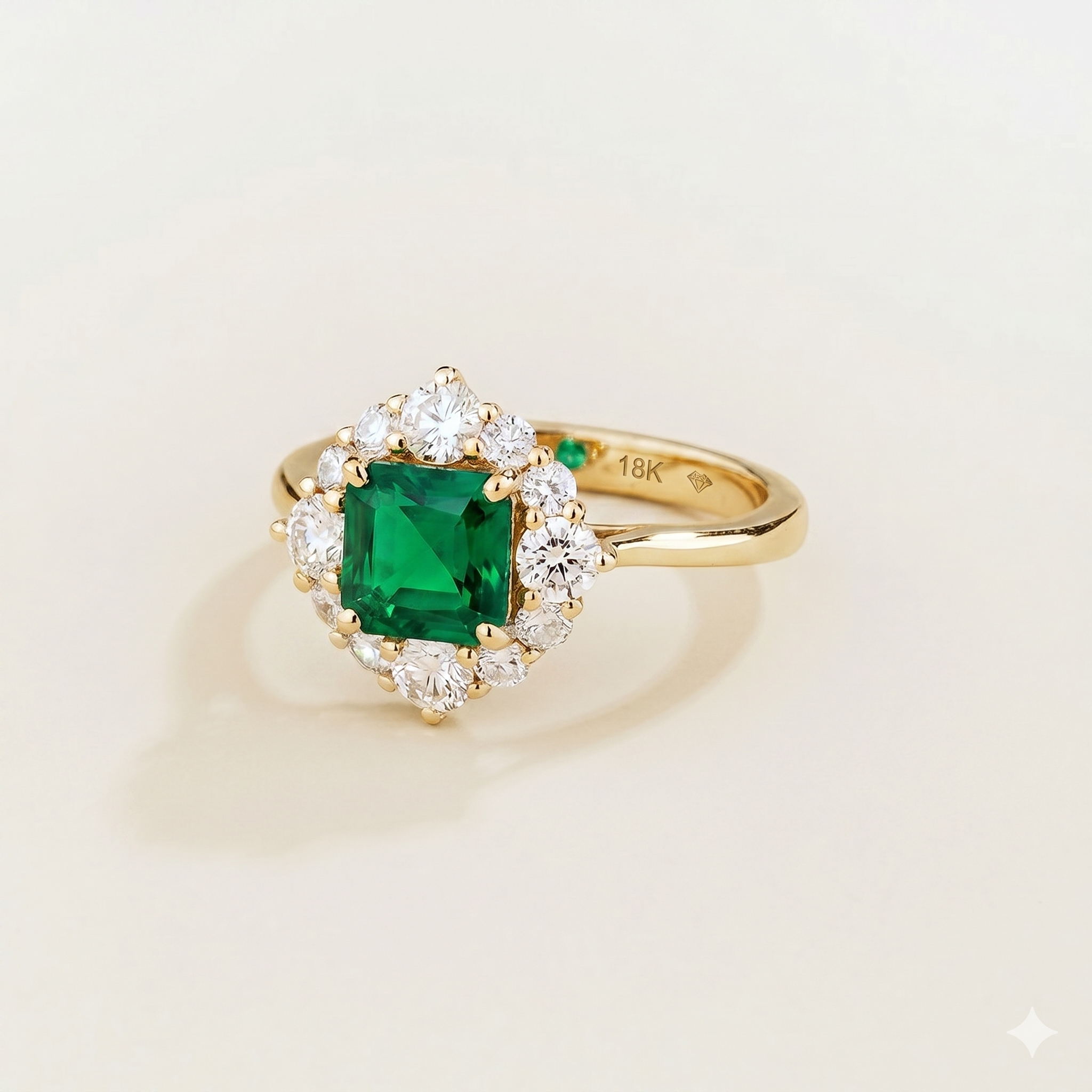Tuli Emerald Cushion Cut & Diamond Halo Ring in White Gold