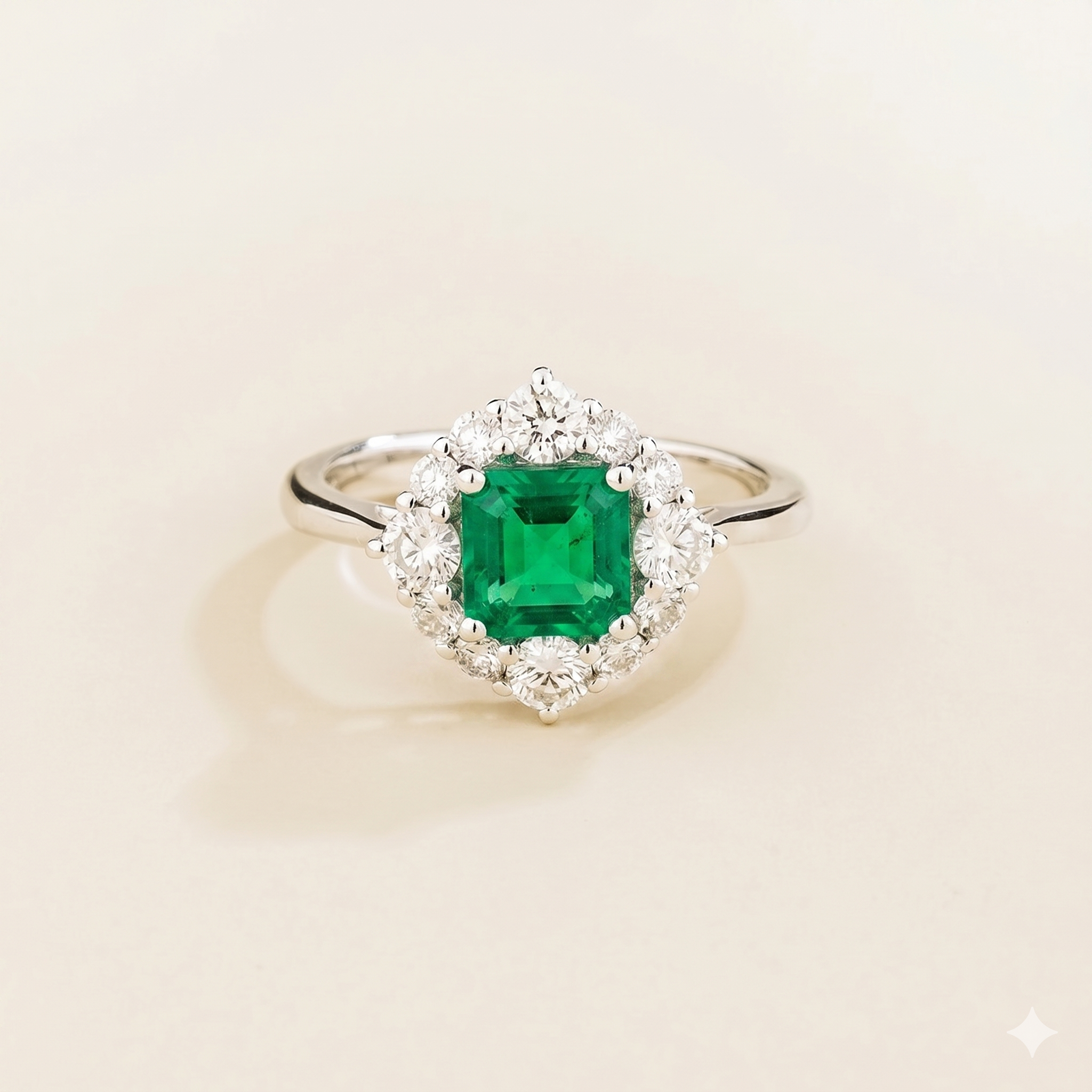 Tuli Emerald Cushion Cut & Diamond Halo Ring in White Gold