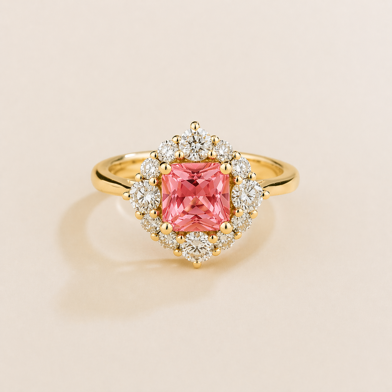 Tuli Padparadscha Sapphire Cushion Cut & Diamond Halo Ring in Gold