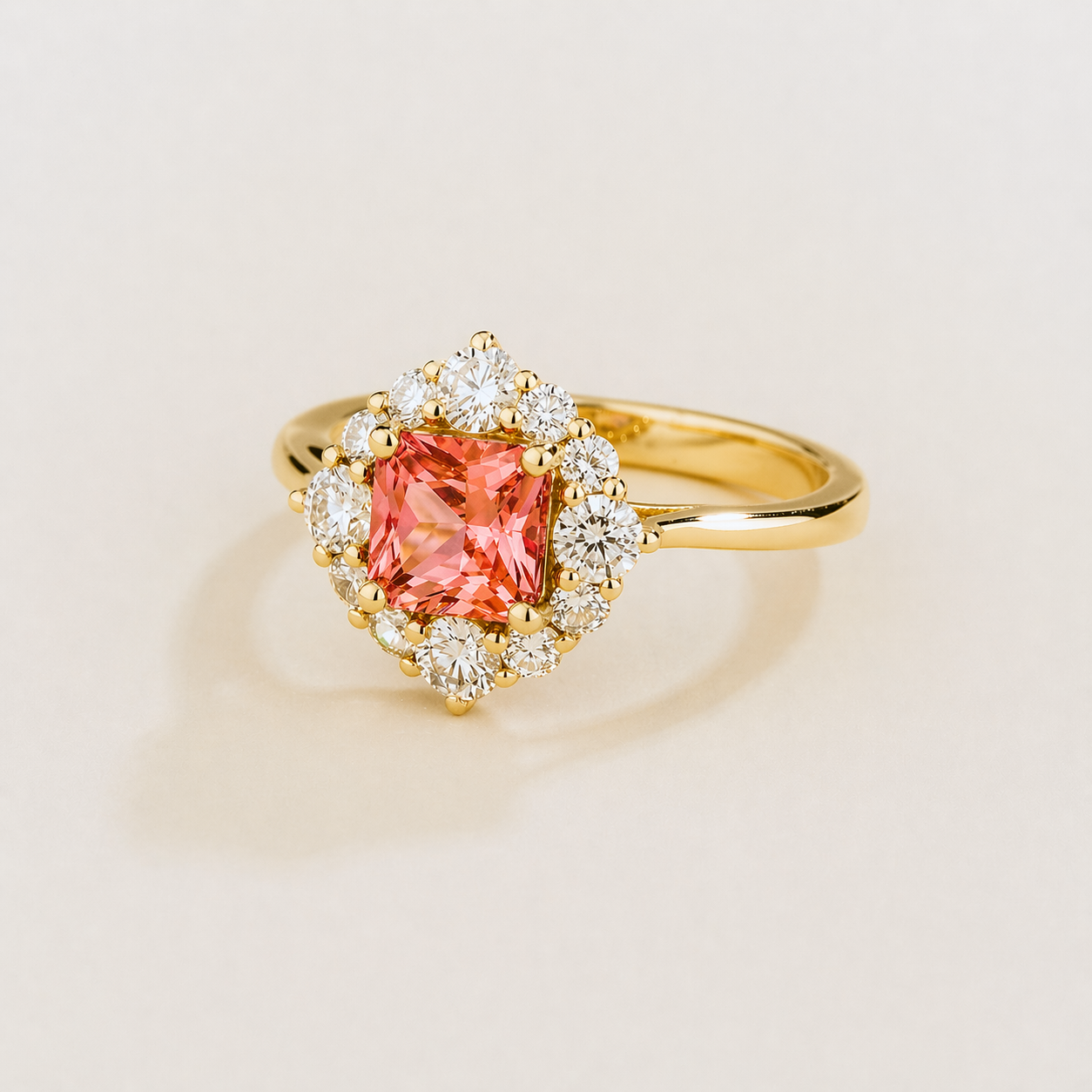 Tuli Padparadscha Sapphire Cushion Cut & Diamond Halo Ring in Gold