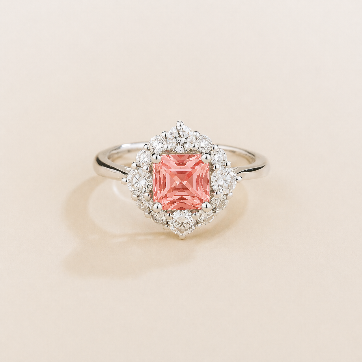Tuli Padparadscha Sapphire Cushion Cut & Diamond Halo Ring in White Gold