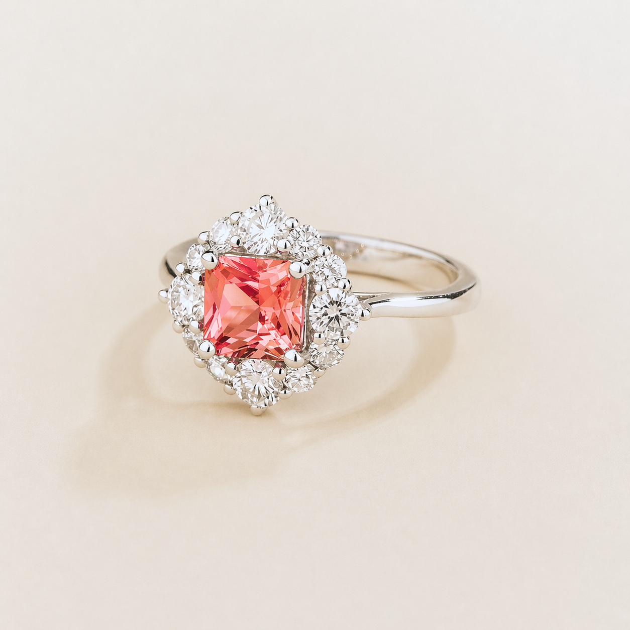 Tuli Padparadscha Sapphire Cushion Cut & Diamond Halo Ring in White Gold