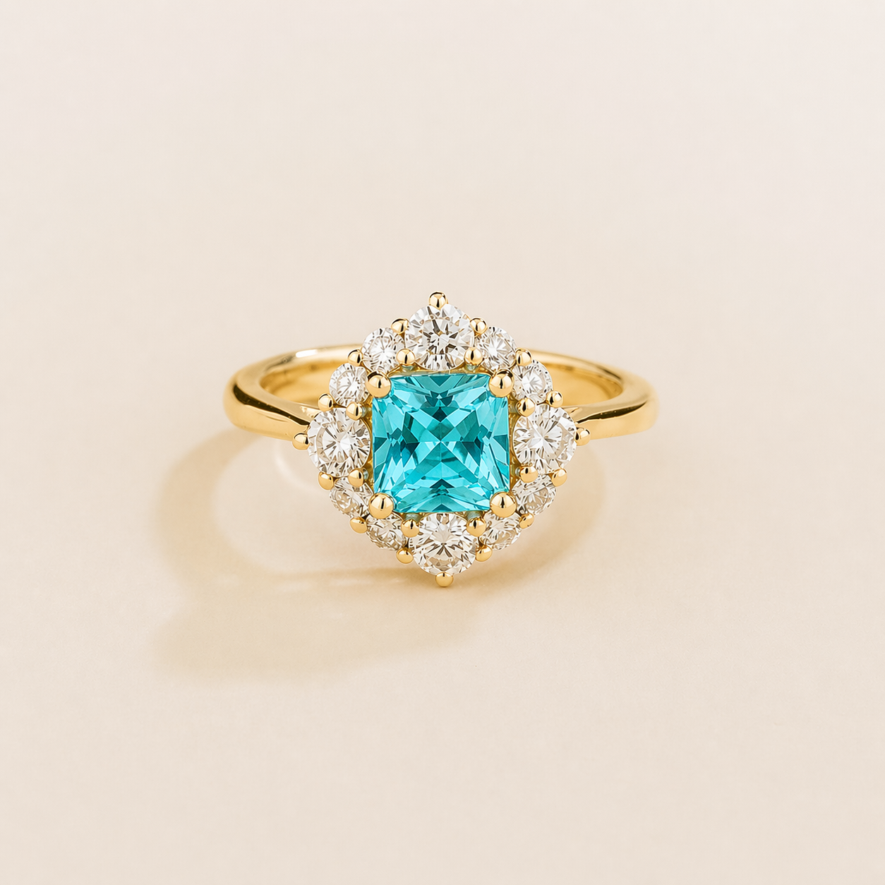 Tuli Paraiba Cushion Cut & Diamond Halo Ring in Gold