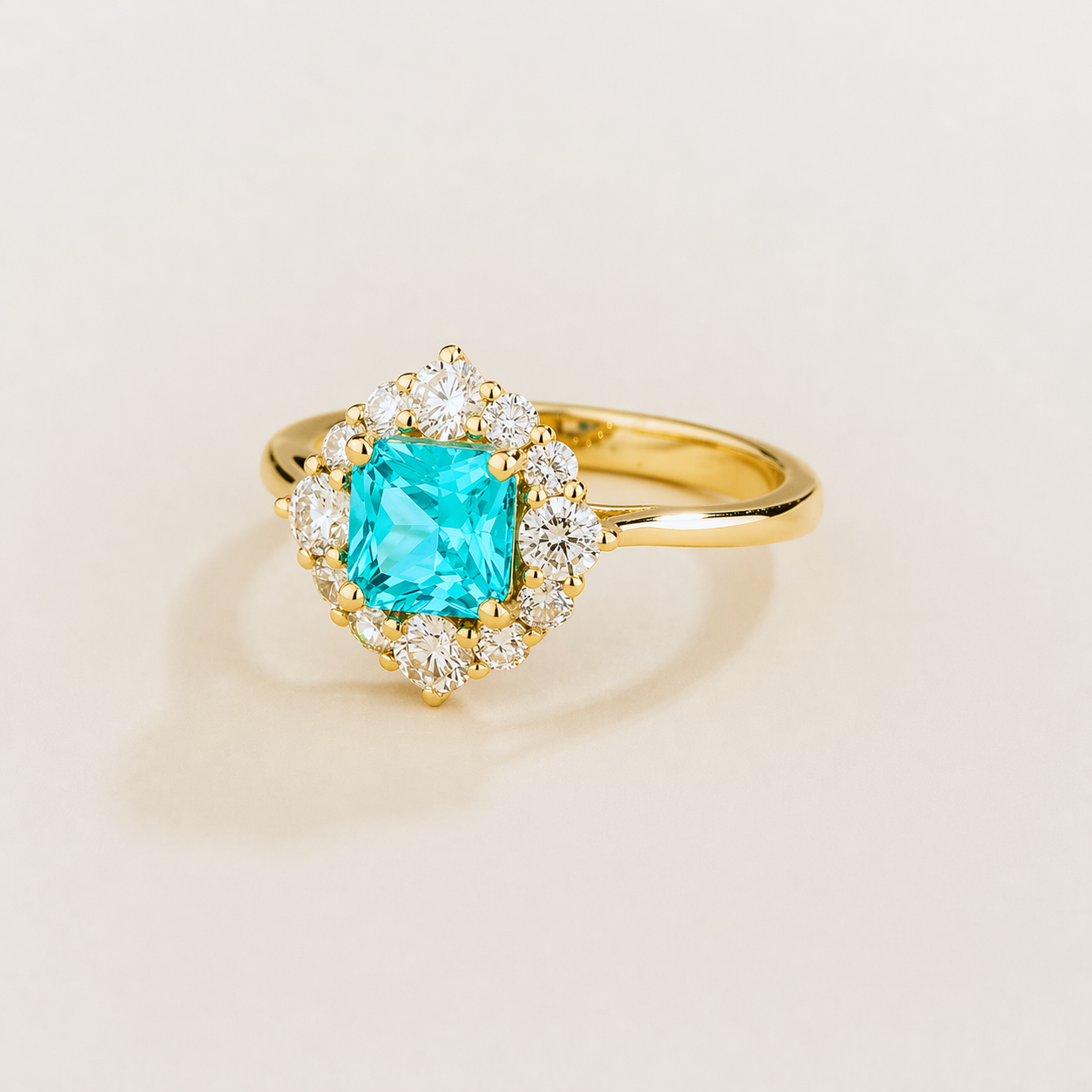 Tuli Paraiba Cushion Cut & Diamond Halo Ring in Gold
