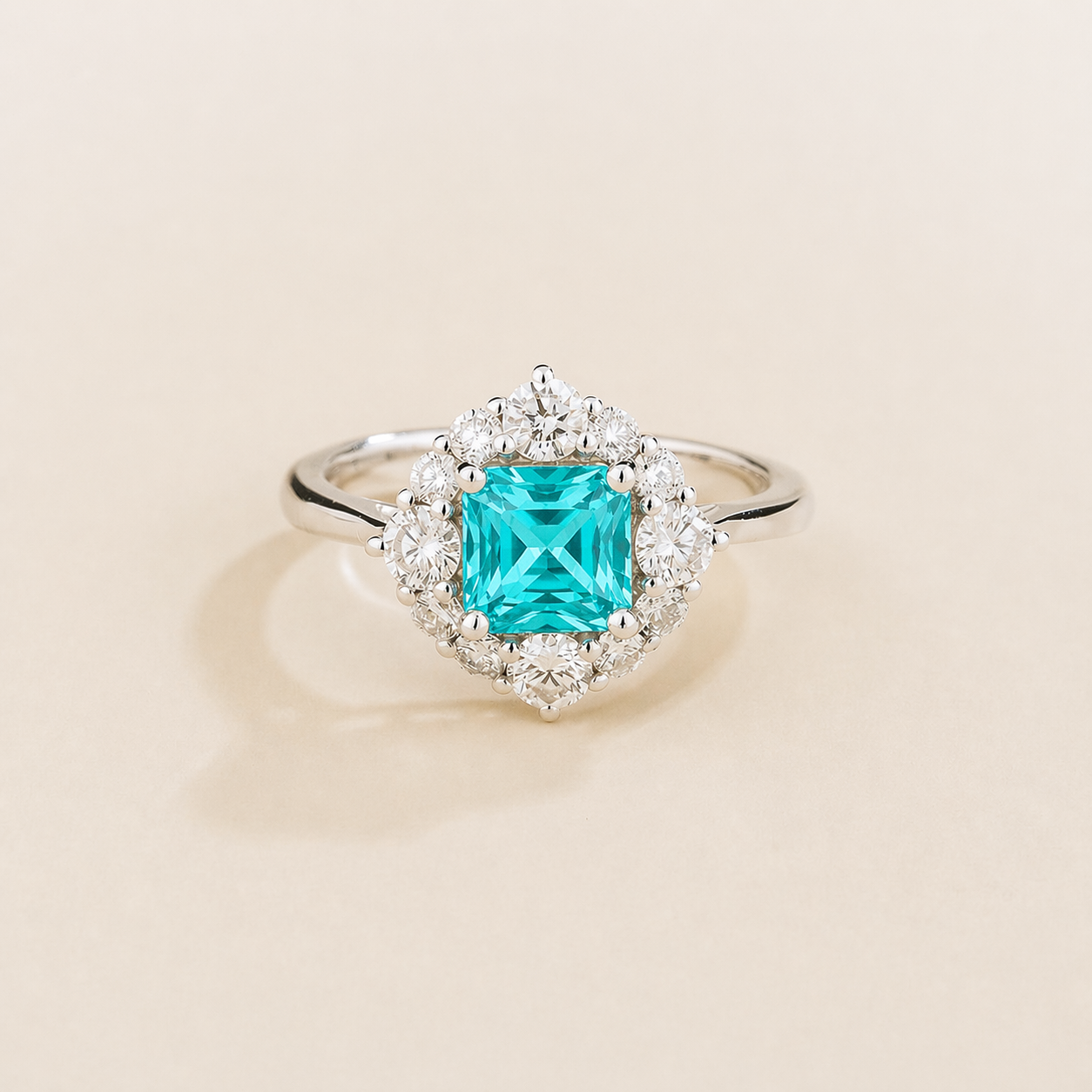 Tuli Paraiba Cushion Cut & Diamond Halo Ring in White Gold