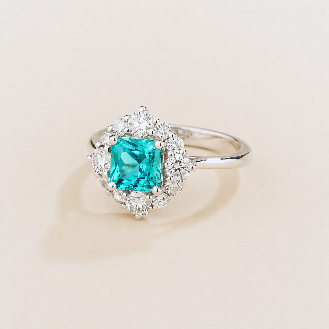 Tuli Paraiba Cushion Cut & Diamond Halo Ring in White Gold