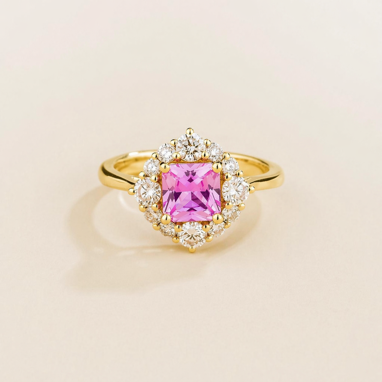 Tuli Pink Sapphire Cushion Cut & Diamond Halo Ring in Gold