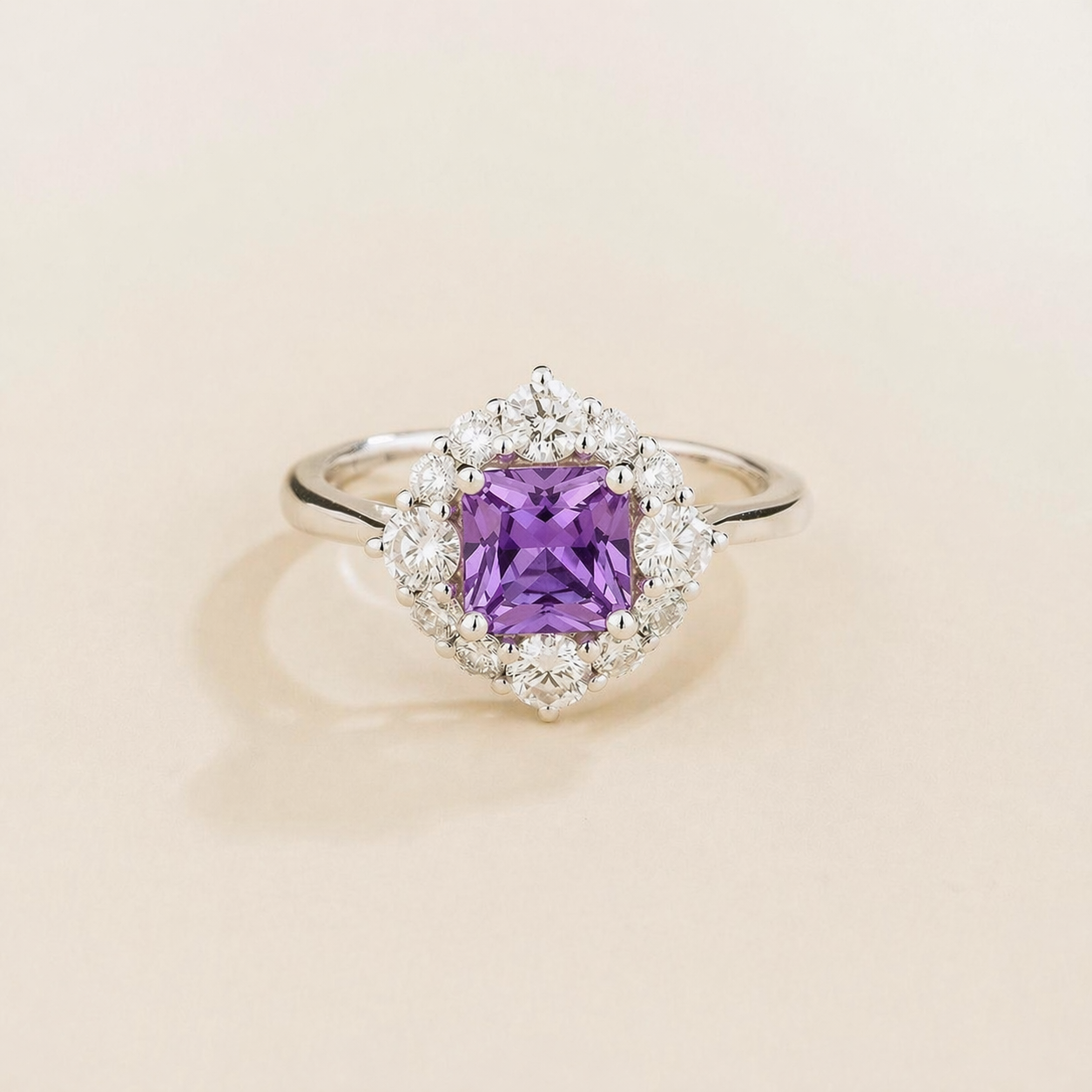 Tuli Purple Sapphire Cushion Cut & Diamond Halo Ring in White Gold