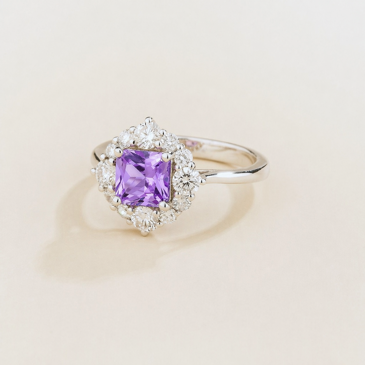 Tuli Purple Sapphire Cushion Cut & Diamond Halo Ring in White Gold