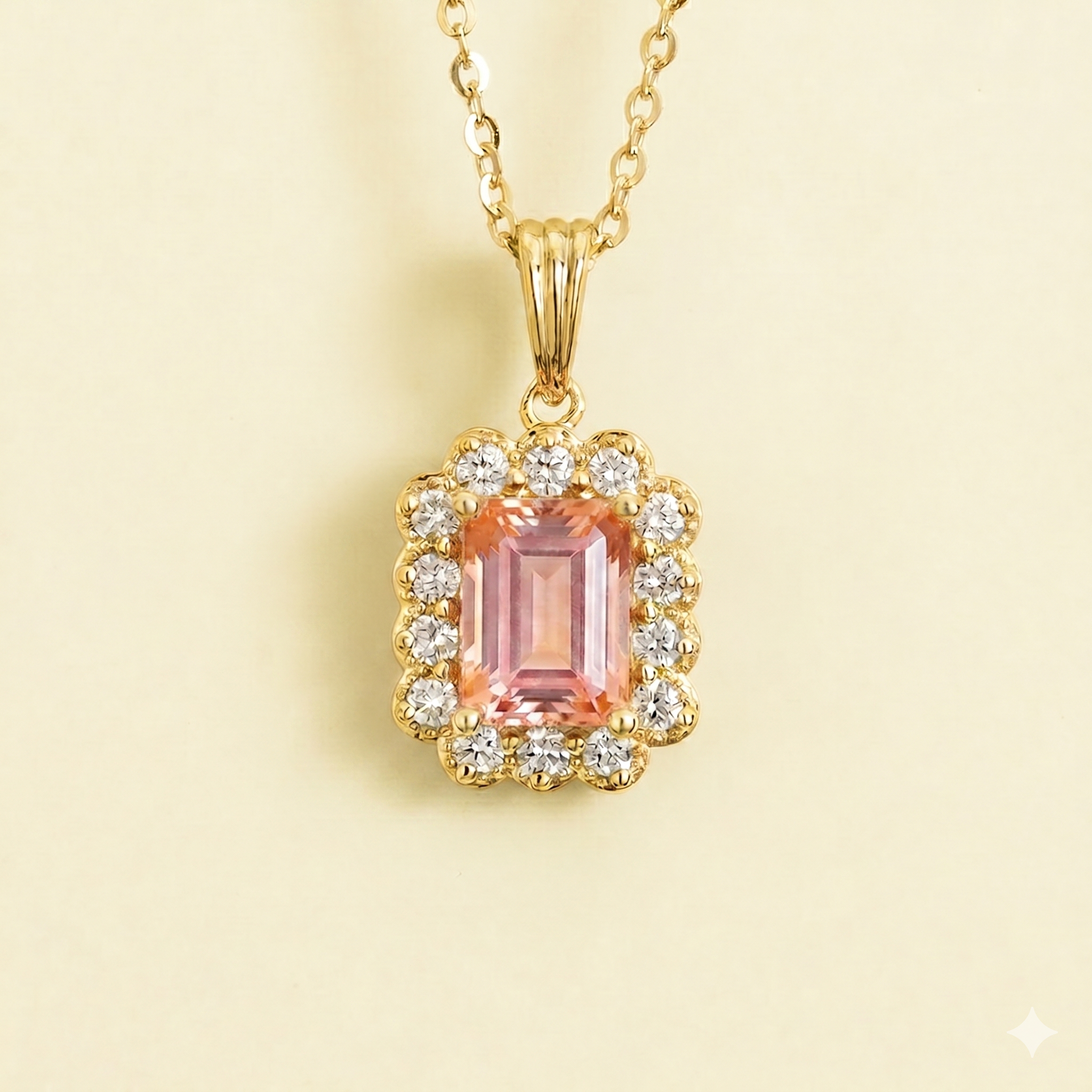 Verda Padparadscha SapphireEmerald-Cut  & Diamond Halo Pendant Necklace in Gold