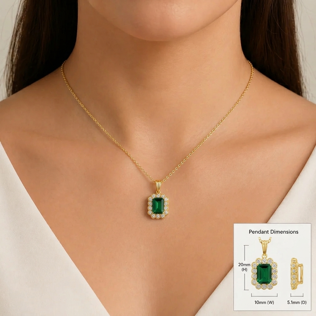 Verda Emerald Emerald-Cut & Diamond Halo Pendant Necklace in Gold