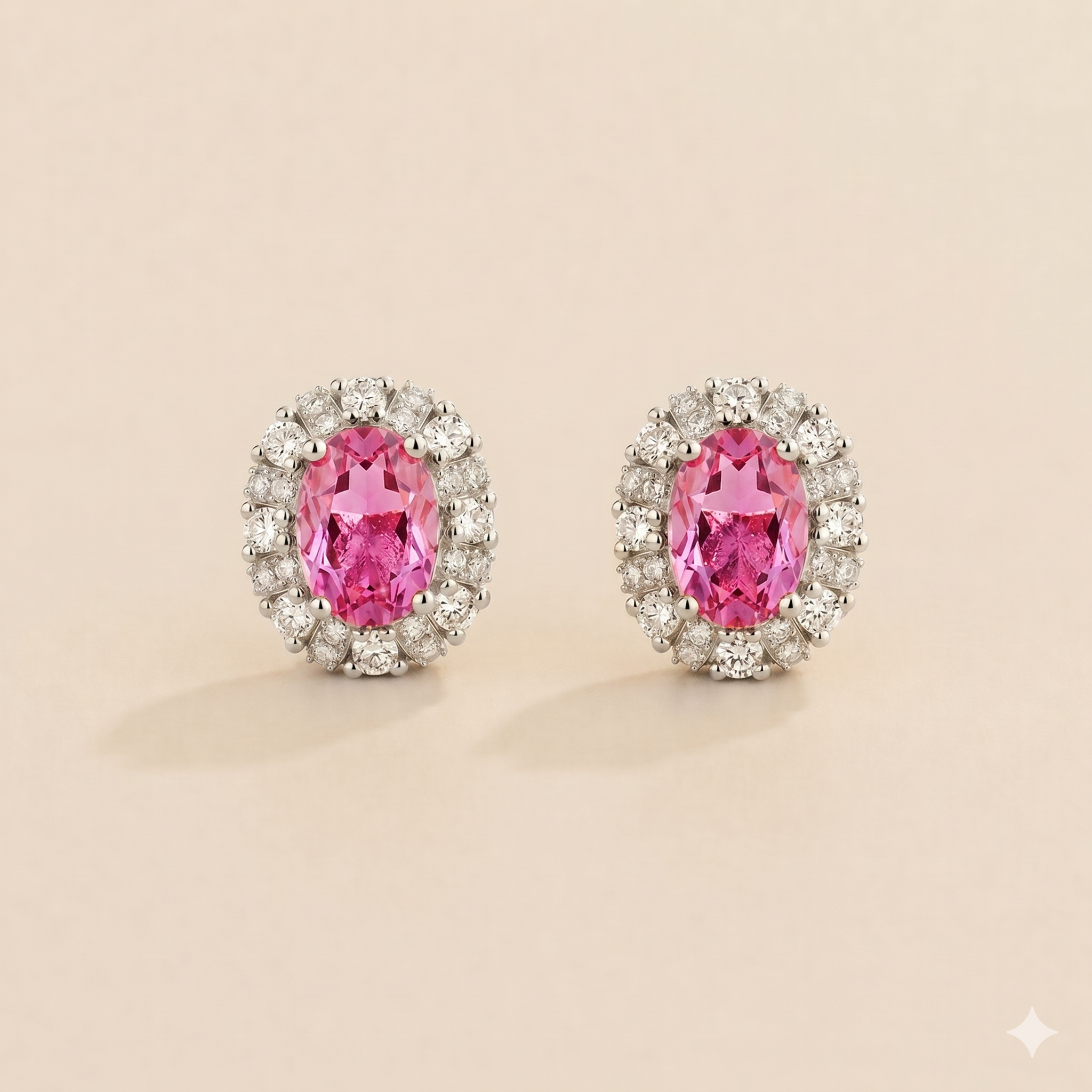 Viva Oval Pink Sapphire Halo Stud Earrings with Diamond Accents in White Gold