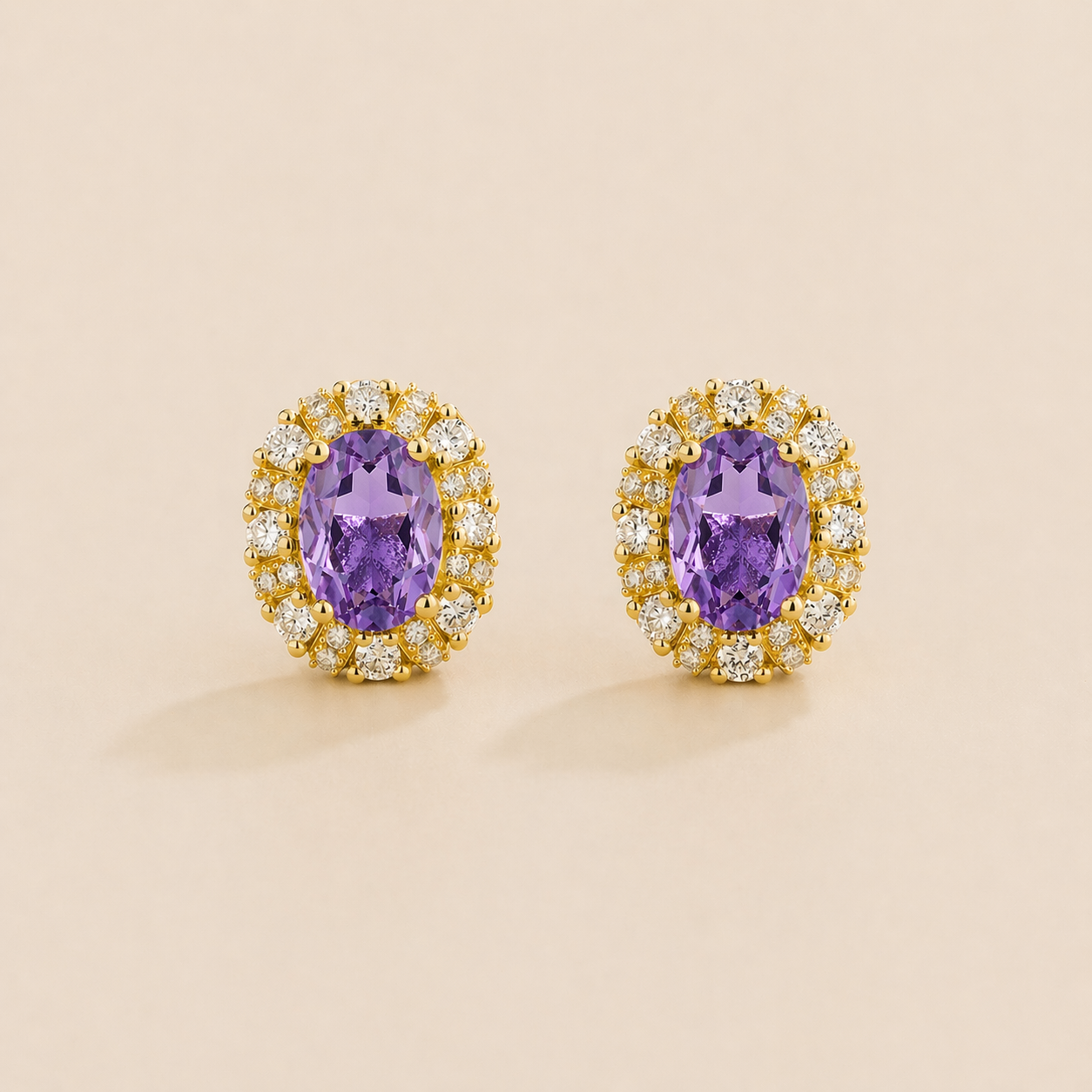 Viva Oval Purple Sapphire Halo Stud Earrings with Diamond Accents in Gold