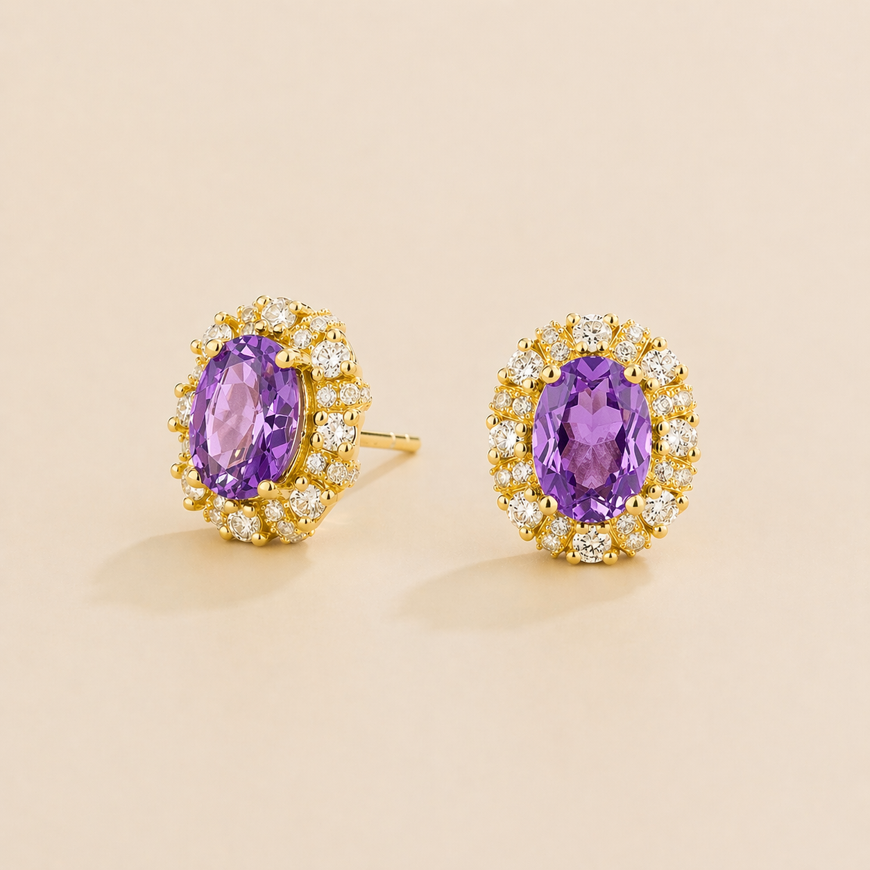 Viva Oval Purple Sapphire Halo Stud Earrings with Diamond Accents in Gold