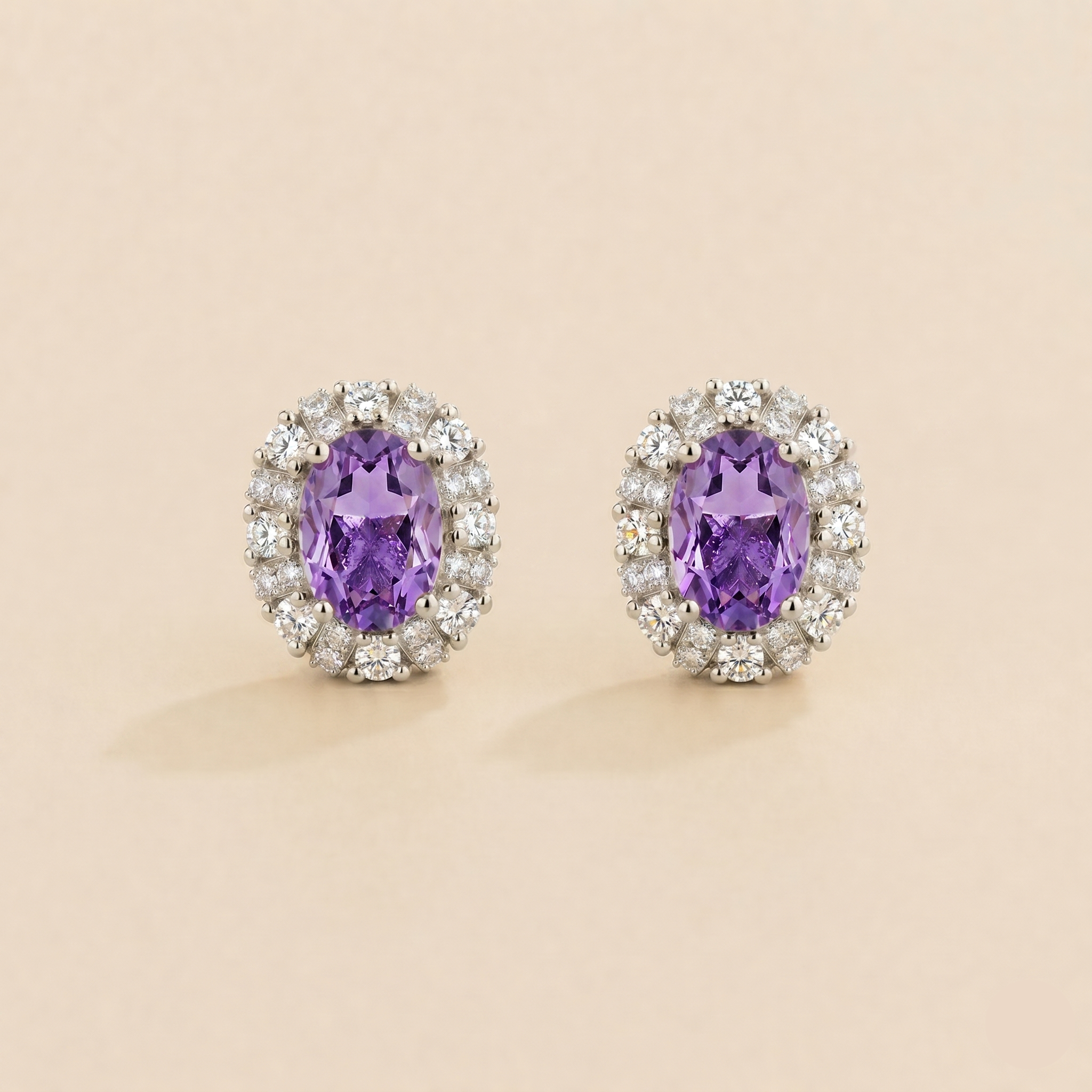 Viva Oval Purple Sapphire Halo Stud Earrings with Diamond Accents in White Gold