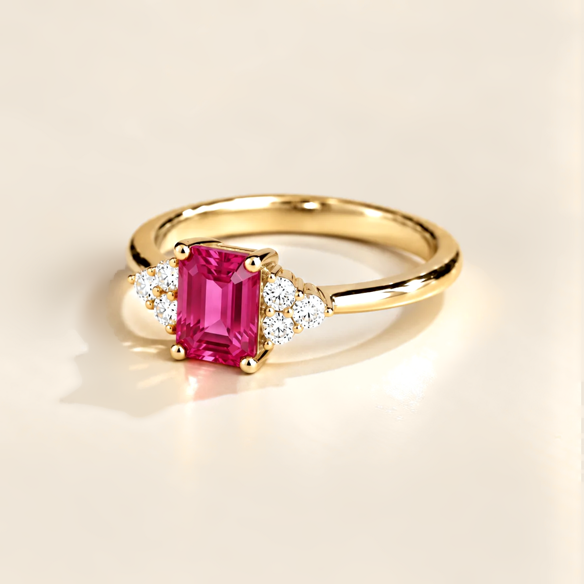 Chateau Pink Sapphire Emerald-Cut & Diamond Ring in Gold Angle view 